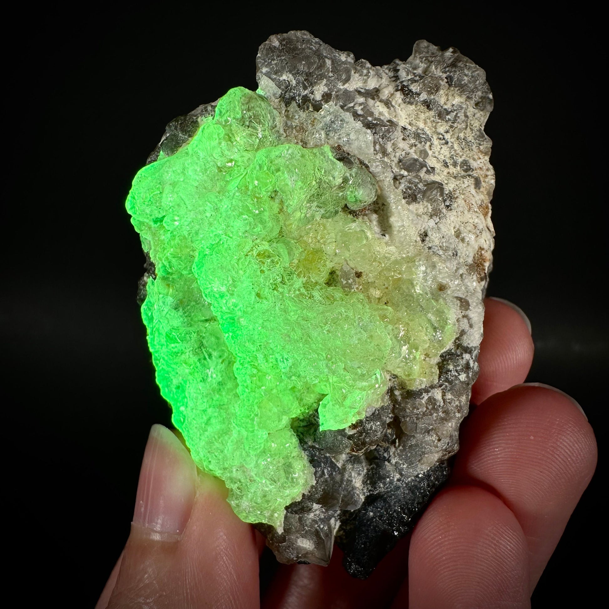 Hyalite Opal on Smoky Quartz (Namibia), UV reactive hyalite opal, smoky quartz crystal, rare minerals, rare crystals, fluorescent crystals
