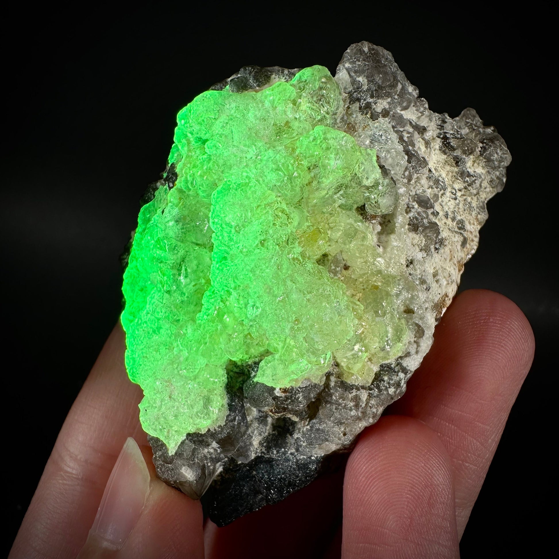 Hyalite Opal on Smoky Quartz (Namibia), UV reactive hyalite opal, smoky quartz crystal, rare minerals, rare crystals, fluorescent crystals