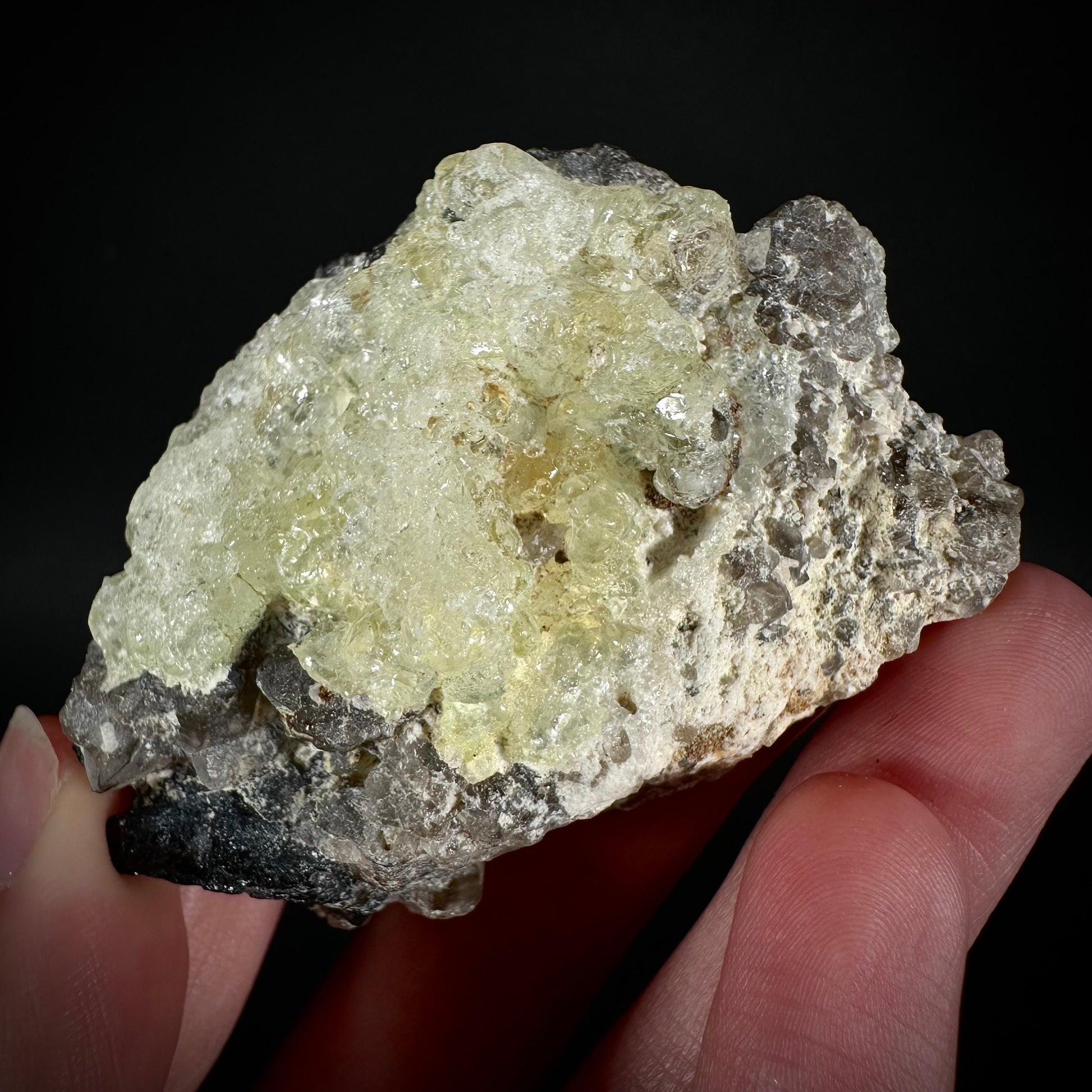 Hyalite Opal on Smoky Quartz (Namibia), UV reactive hyalite opal, smoky quartz crystal, rare minerals, rare crystals, fluorescent crystals