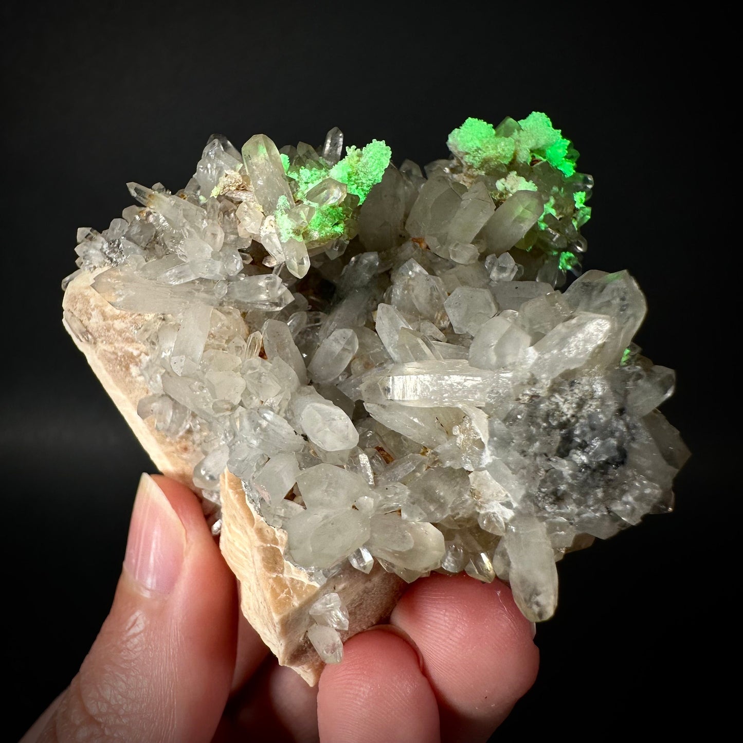 Hyalite Opal & Lattice Quartz on Feldspar (Namibia), UV reactive hyalite opal, smoky quartz crystal, rare minerals, rare crystals