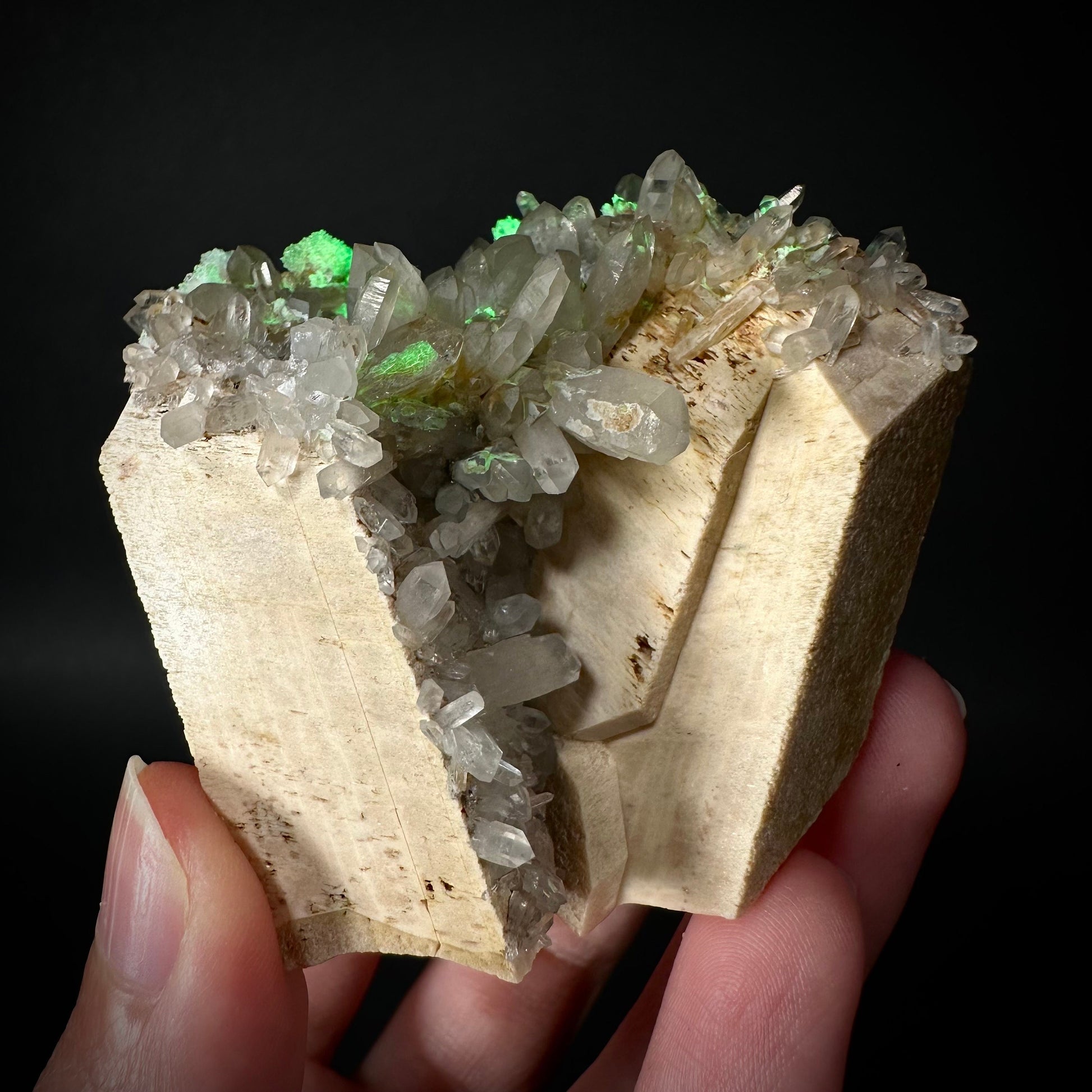 Hyalite Opal & Lattice Quartz on Feldspar (Namibia), UV reactive hyalite opal, smoky quartz crystal, rare minerals, rare crystals
