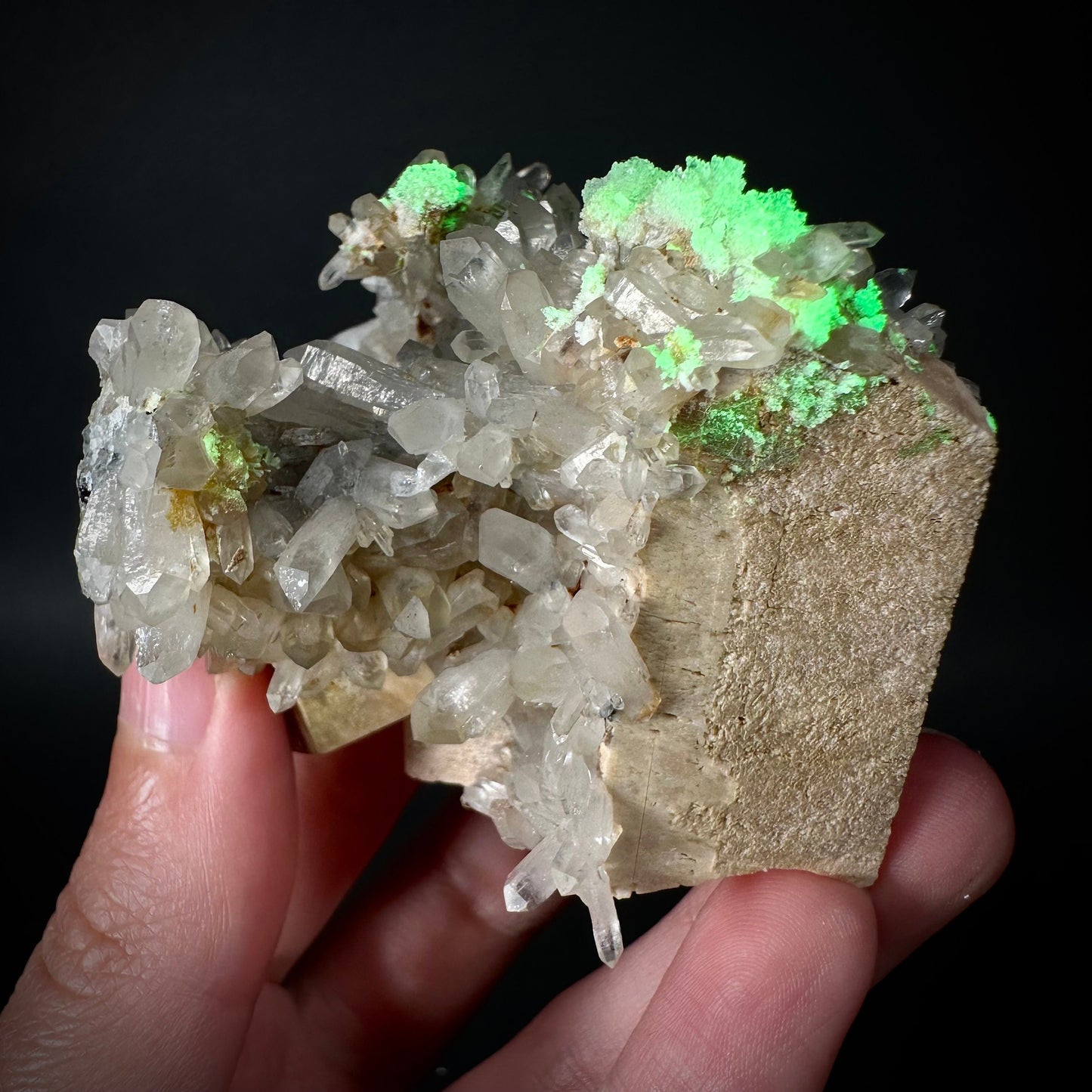 Hyalite Opal & Lattice Quartz on Feldspar (Namibia), UV reactive hyalite opal, smoky quartz crystal, rare minerals, rare crystals