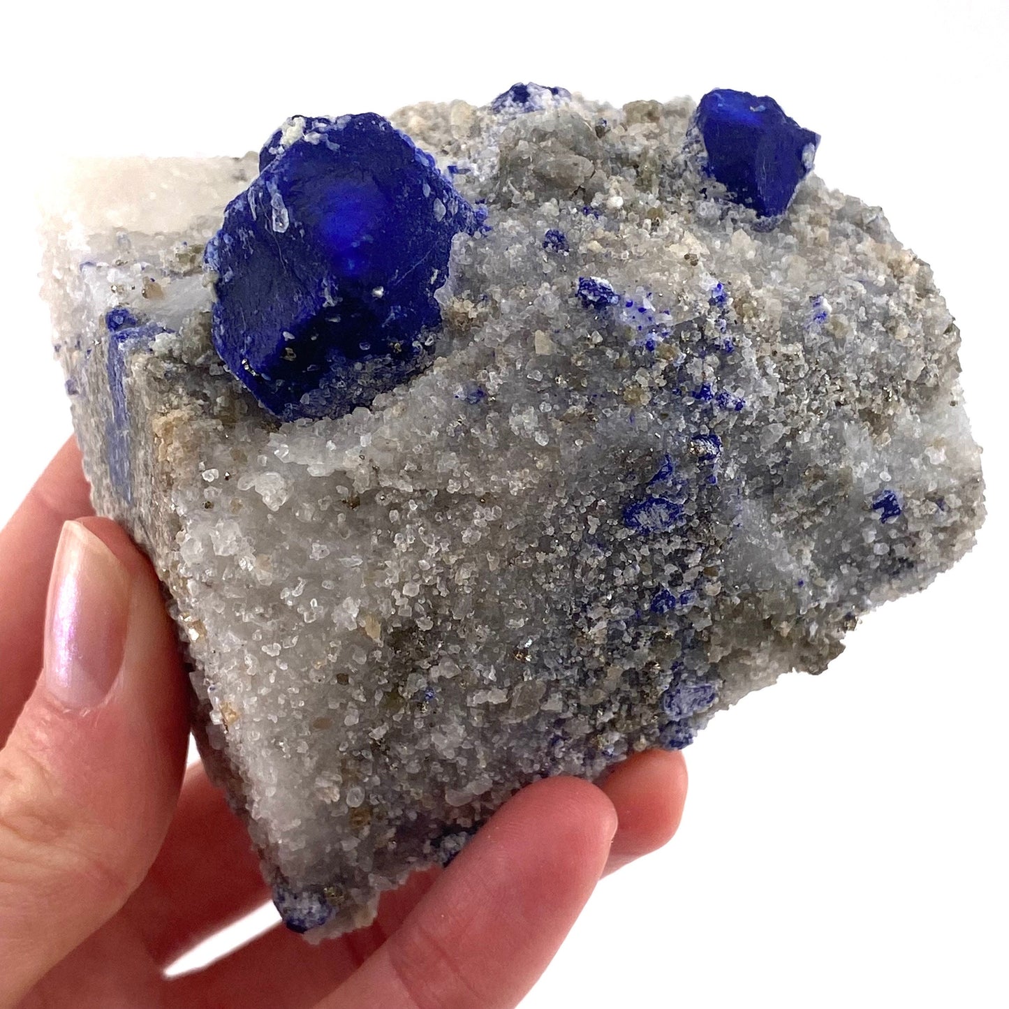 Lazurite & Pyrite on Calcite (Afghanistan), raw lazurite, lazurite crystal, mineral specimen, lapis lazuli crystal