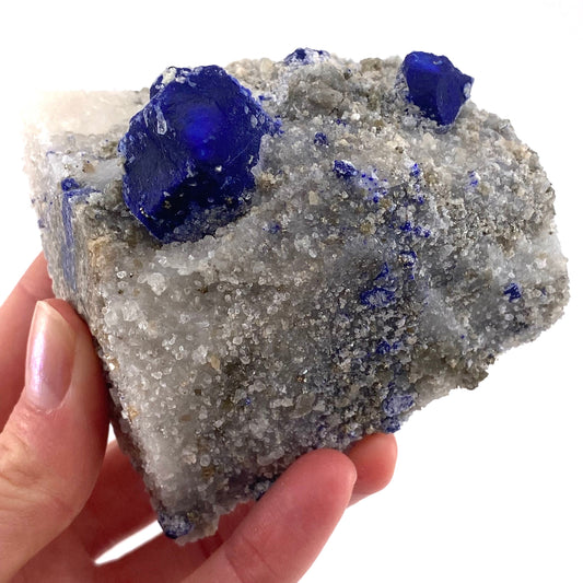 Lazurite & Pyrite on Calcite (Afghanistan), raw lazurite, lazurite crystal, mineral specimen, lapis lazuli crystal