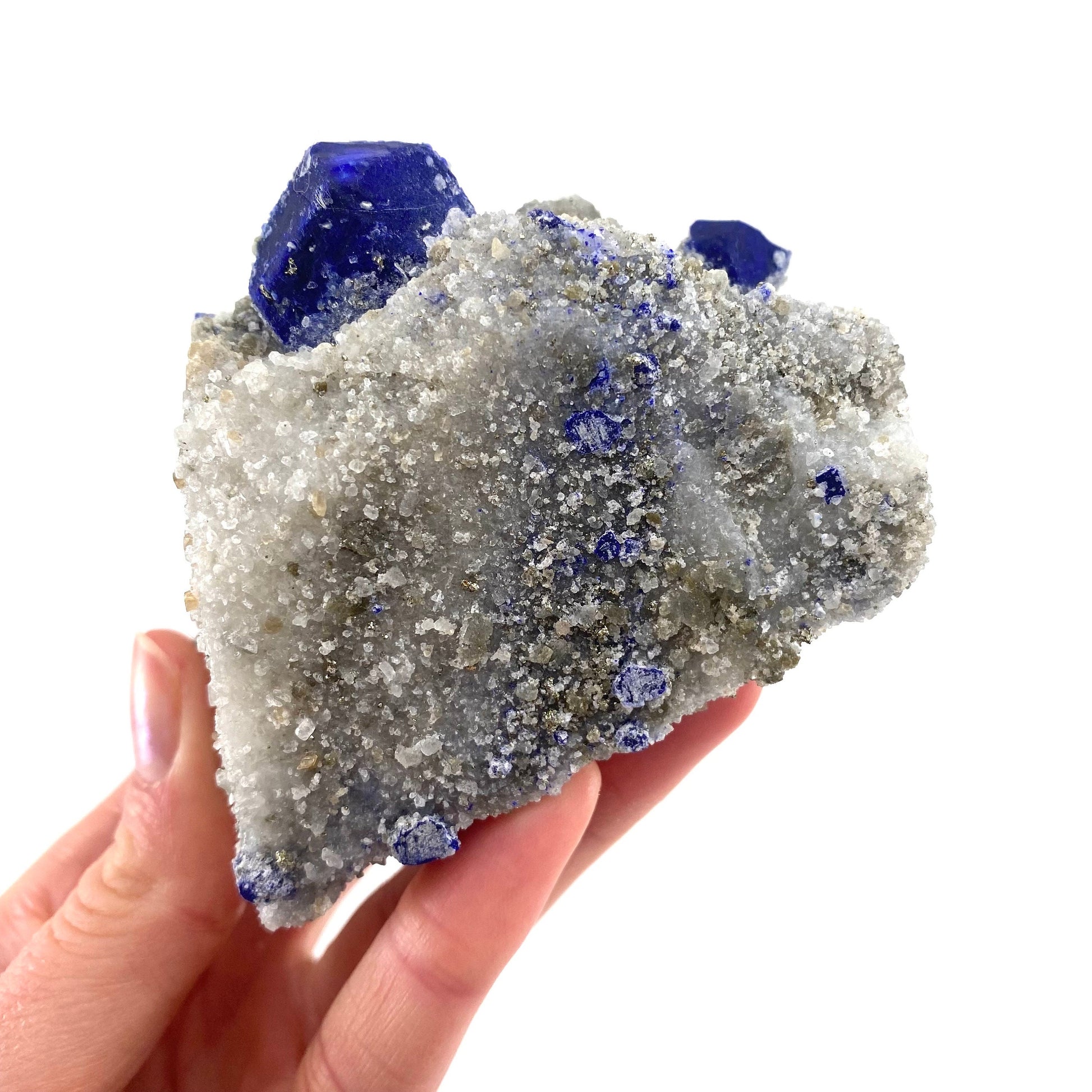 Lazurite & Pyrite on Calcite (Afghanistan), raw lazurite, lazurite crystal, mineral specimen, lapis lazuli crystal