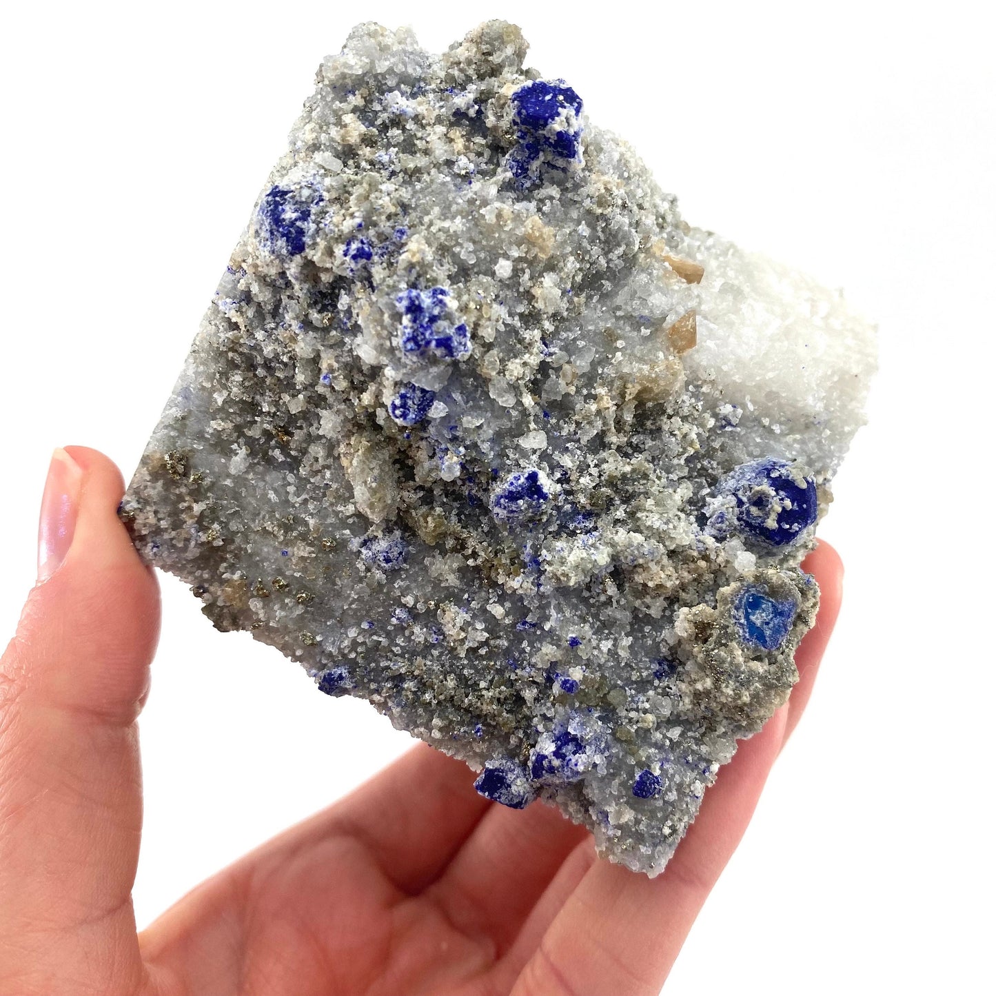 Lazurite & Pyrite on Calcite (Afghanistan), raw lazurite, lazurite crystal, mineral specimen, lapis lazuli crystal
