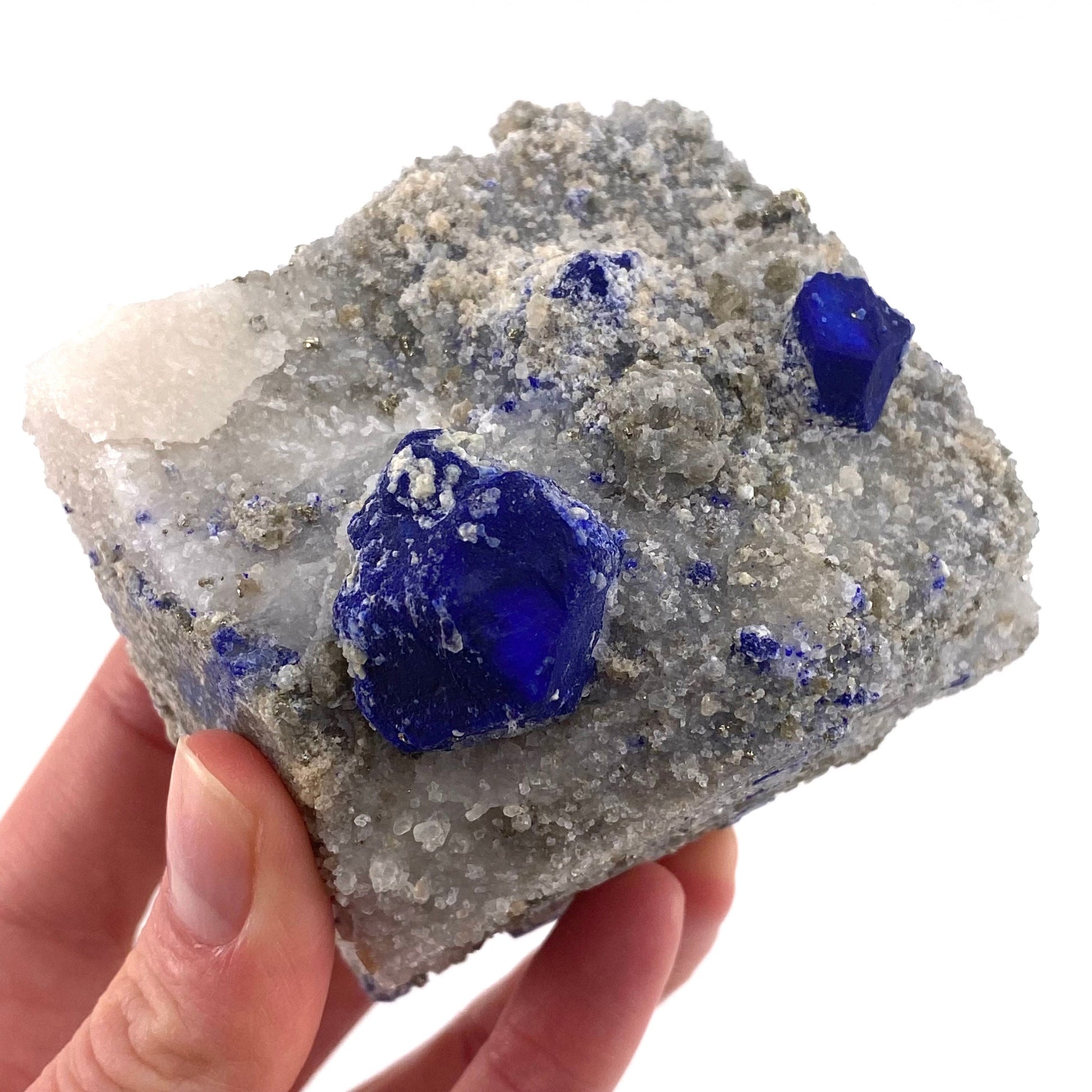 Lazurite & Pyrite on Calcite (Afghanistan), raw lazurite, lazurite crystal, mineral specimen, lapis lazuli crystal