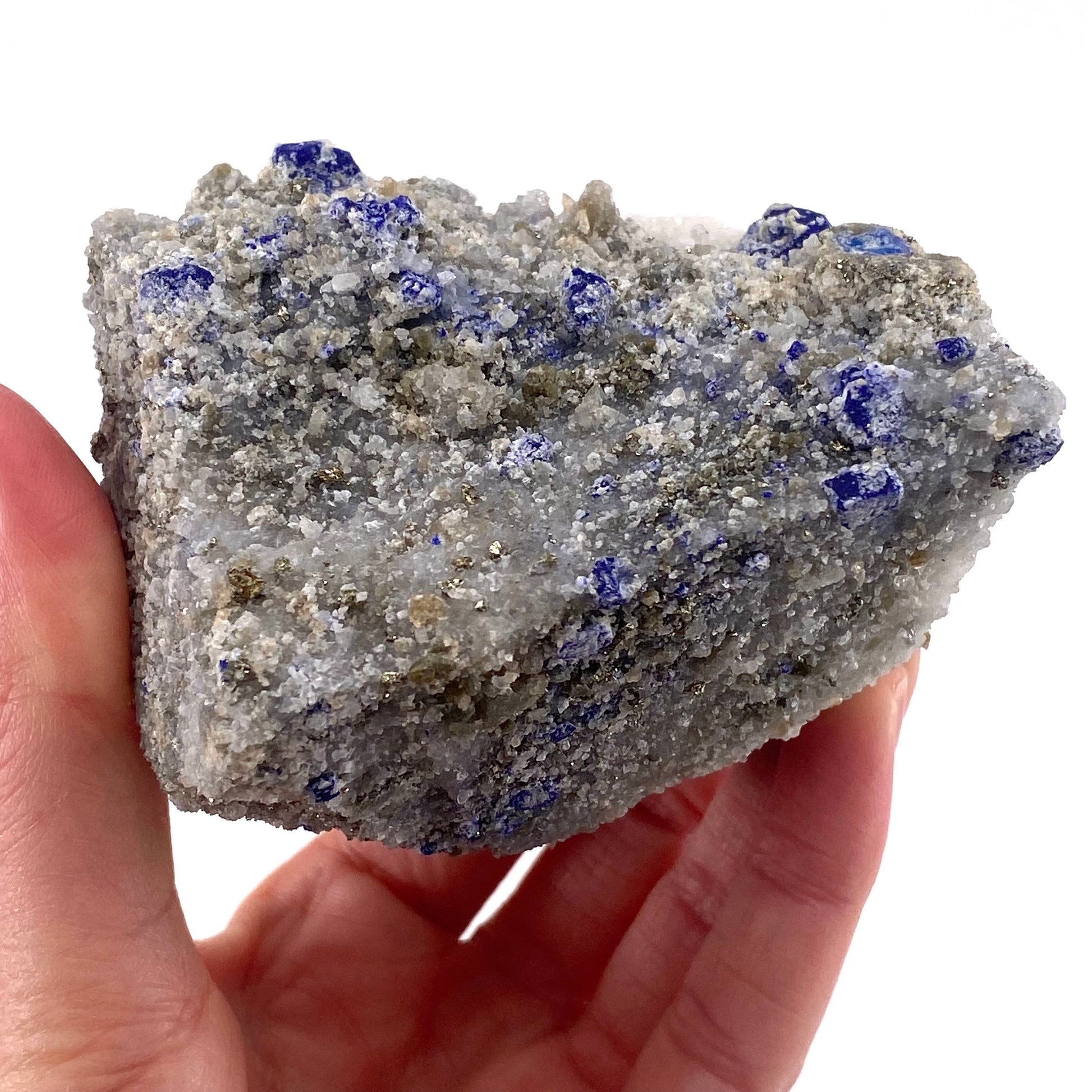 Lazurite & Pyrite on Calcite (Afghanistan), raw lazurite, lazurite crystal, mineral specimen, lapis lazuli crystal