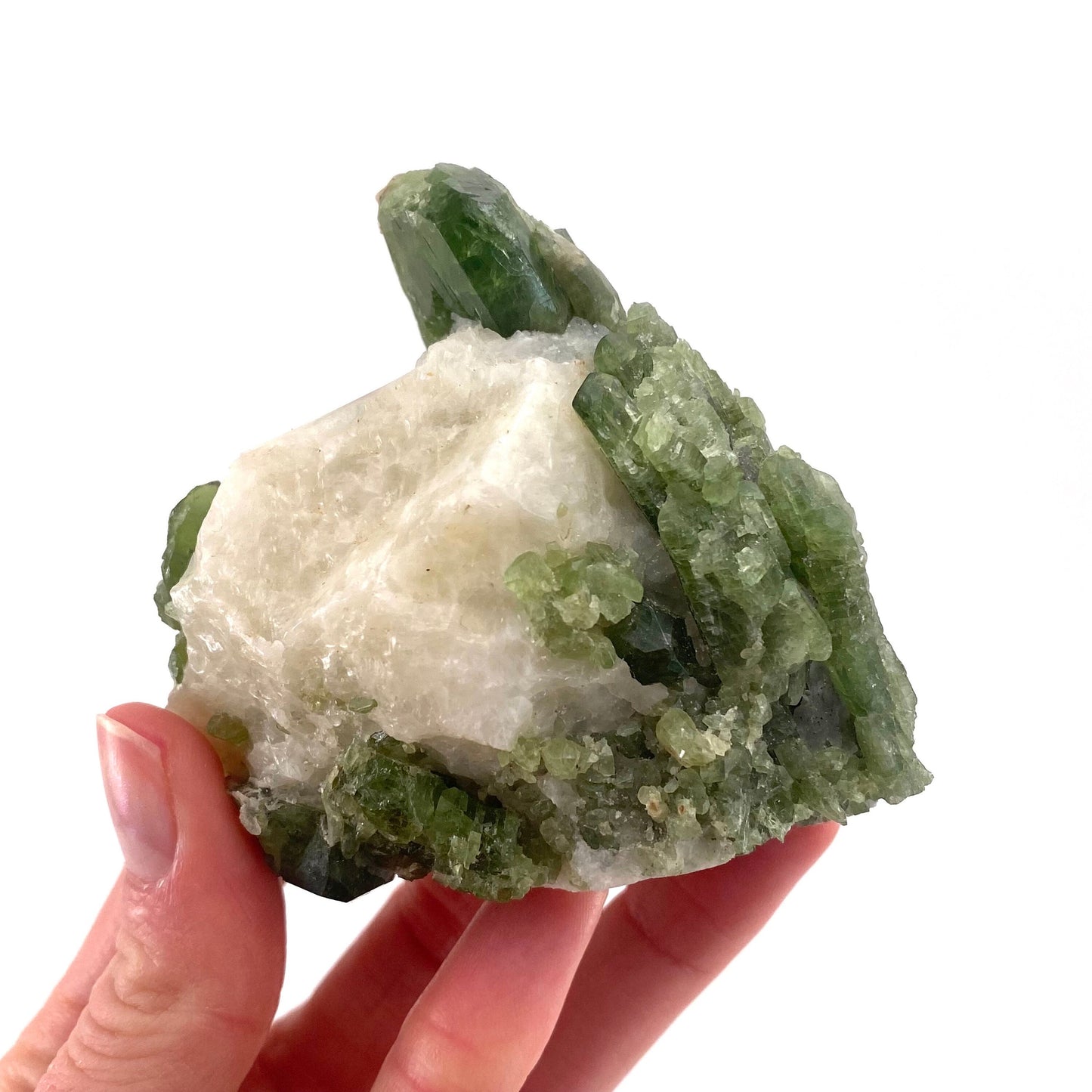 Diopside on Calcite (Afghanistan) | chrome diopside, diopside specimen, green diopside, diopside crystal, mineral specimen, crystal