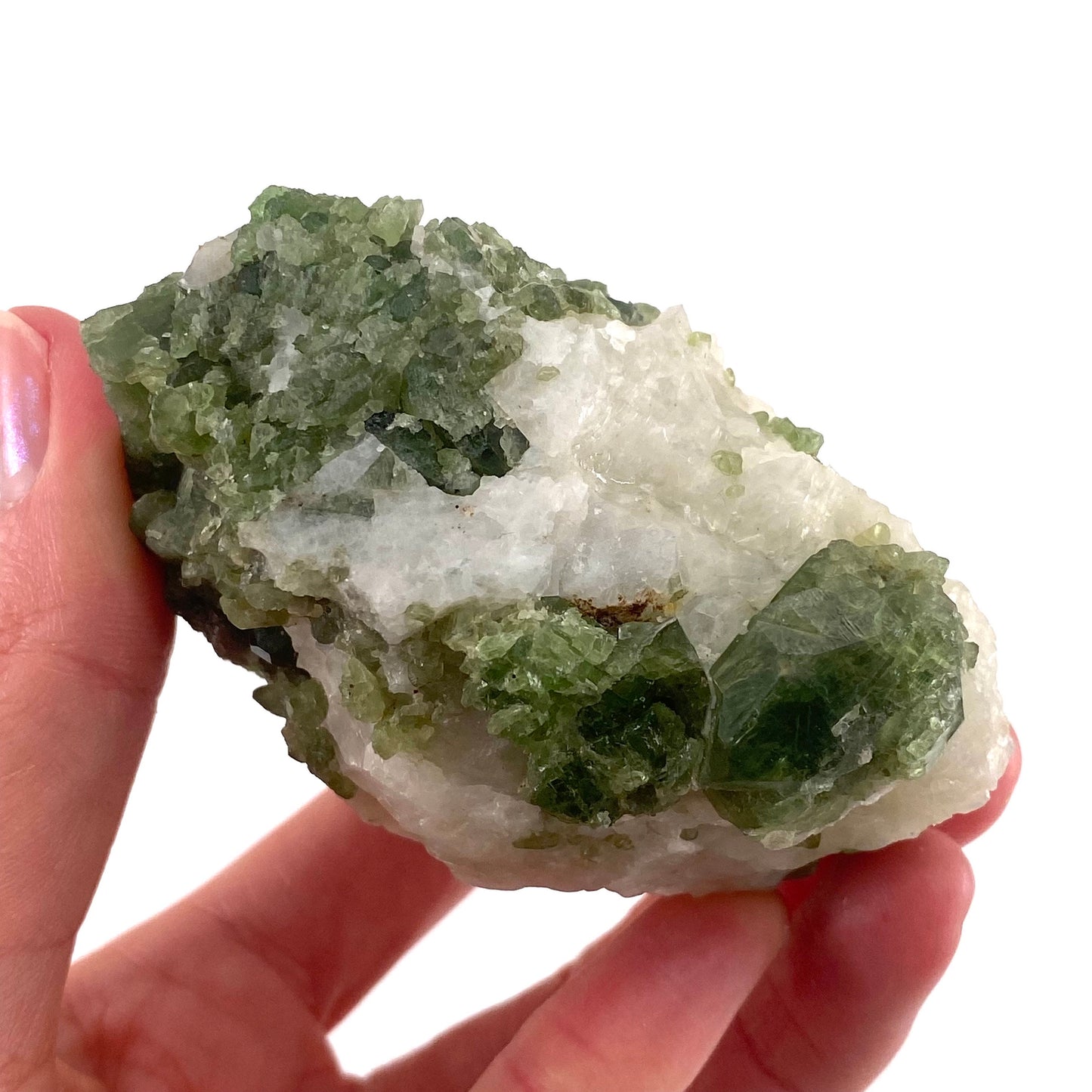 Diopside on Calcite (Afghanistan) | chrome diopside, diopside specimen, green diopside, diopside crystal, mineral specimen, crystal