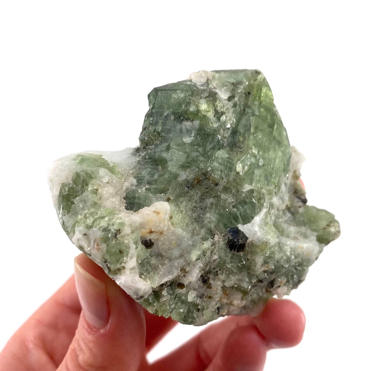 Diopside on Calcite (Afghanistan) | chrome diopside, diopside specimen, green diopside, diopside crystal, mineral specimen, crystal