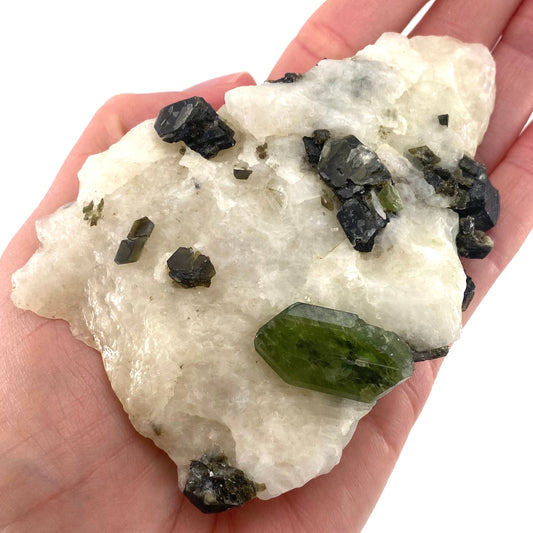 Diopside & Black Mica on Calcite (Afghanistan) | chrome diopside, diopside specimen, green diopside, diopside crystal, mineral specimen