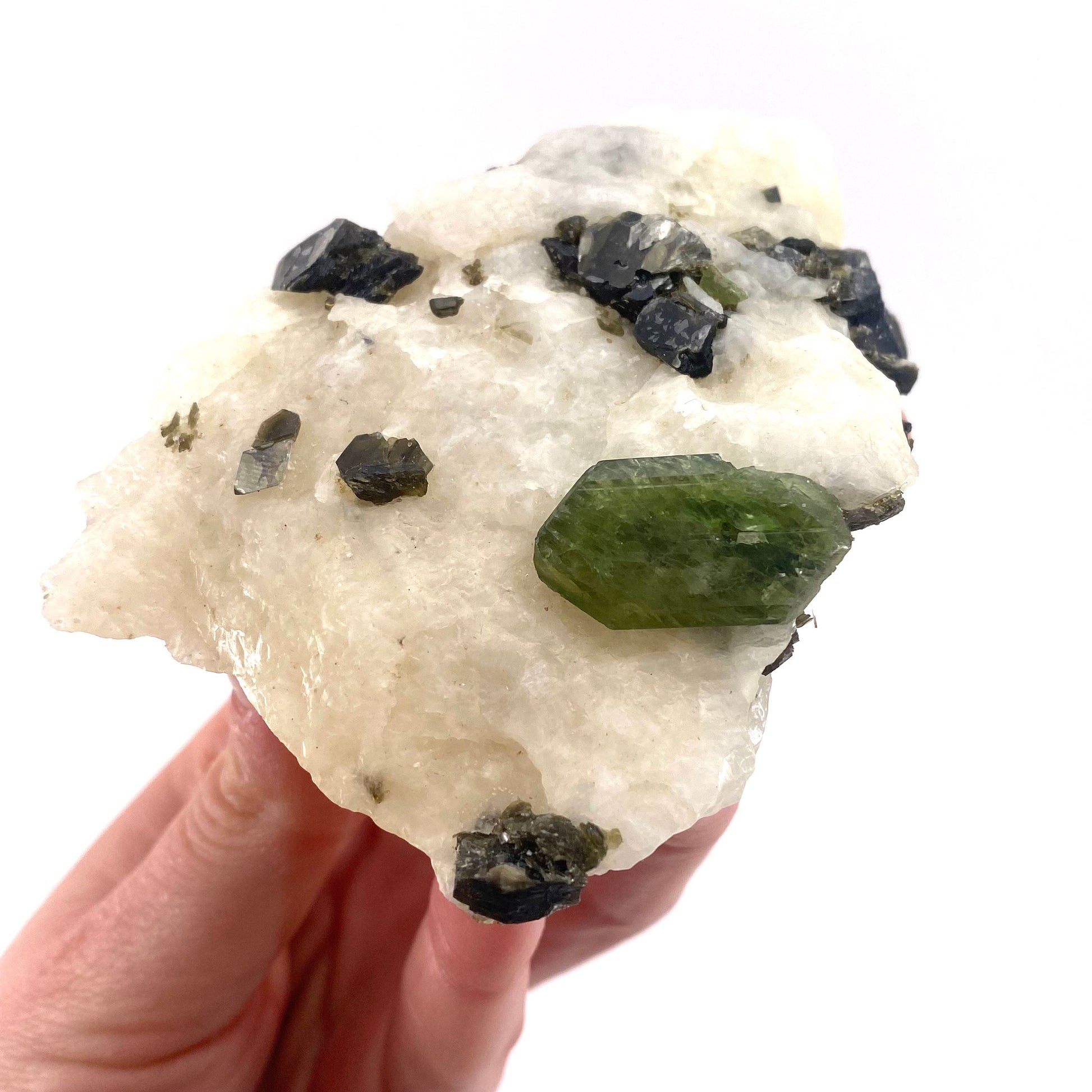 Diopside & Black Mica on Calcite (Afghanistan) | chrome diopside, diopside specimen, green diopside, diopside crystal, mineral specimen