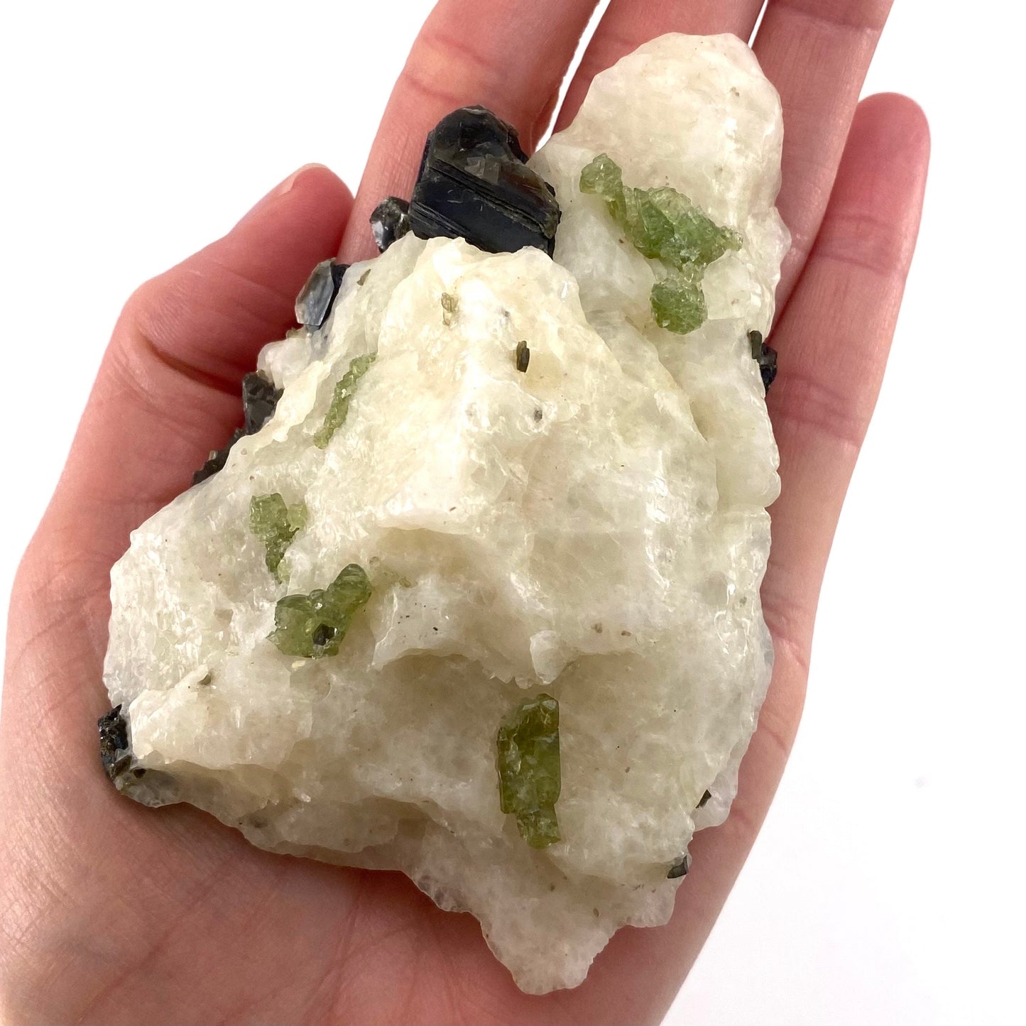 Diopside & Black Mica on Calcite (Afghanistan) | chrome diopside, diopside specimen, green diopside, diopside crystal, mineral specimen