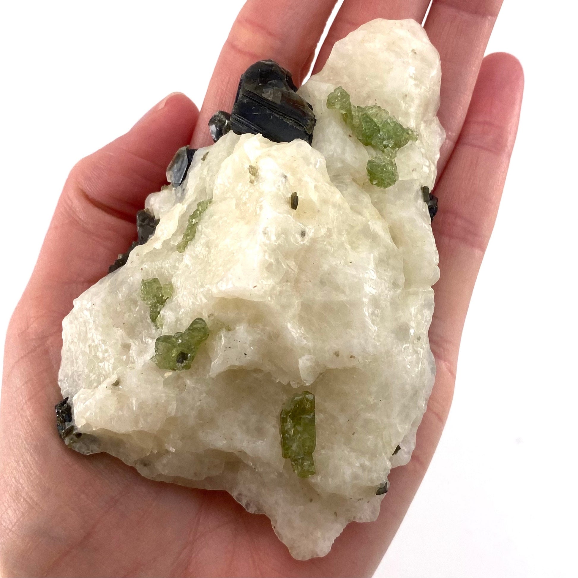 Diopside & Black Mica on Calcite (Afghanistan) | chrome diopside, diopside specimen, green diopside, diopside crystal, mineral specimen
