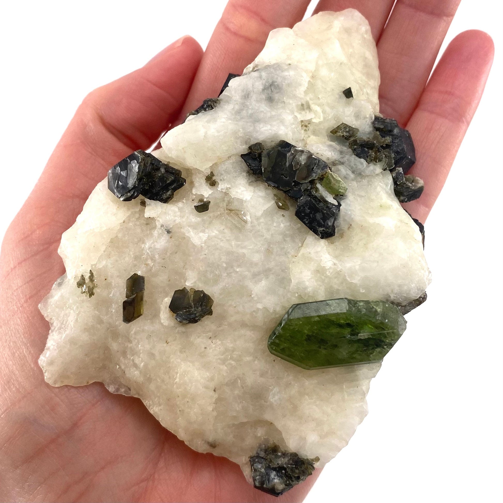 Diopside & Black Mica on Calcite (Afghanistan) | chrome diopside, diopside specimen, green diopside, diopside crystal, mineral specimen