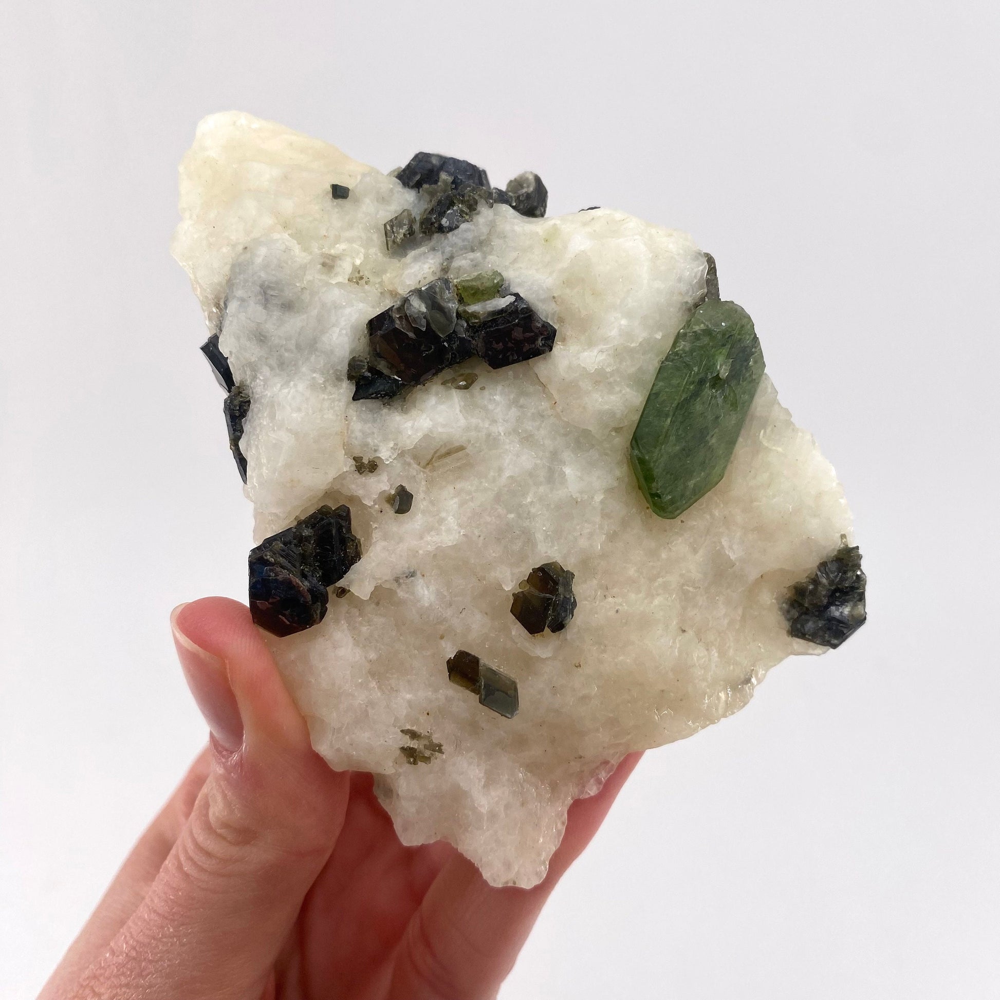 Diopside & Black Mica on Calcite (Afghanistan) | chrome diopside, diopside specimen, green diopside, diopside crystal, mineral specimen