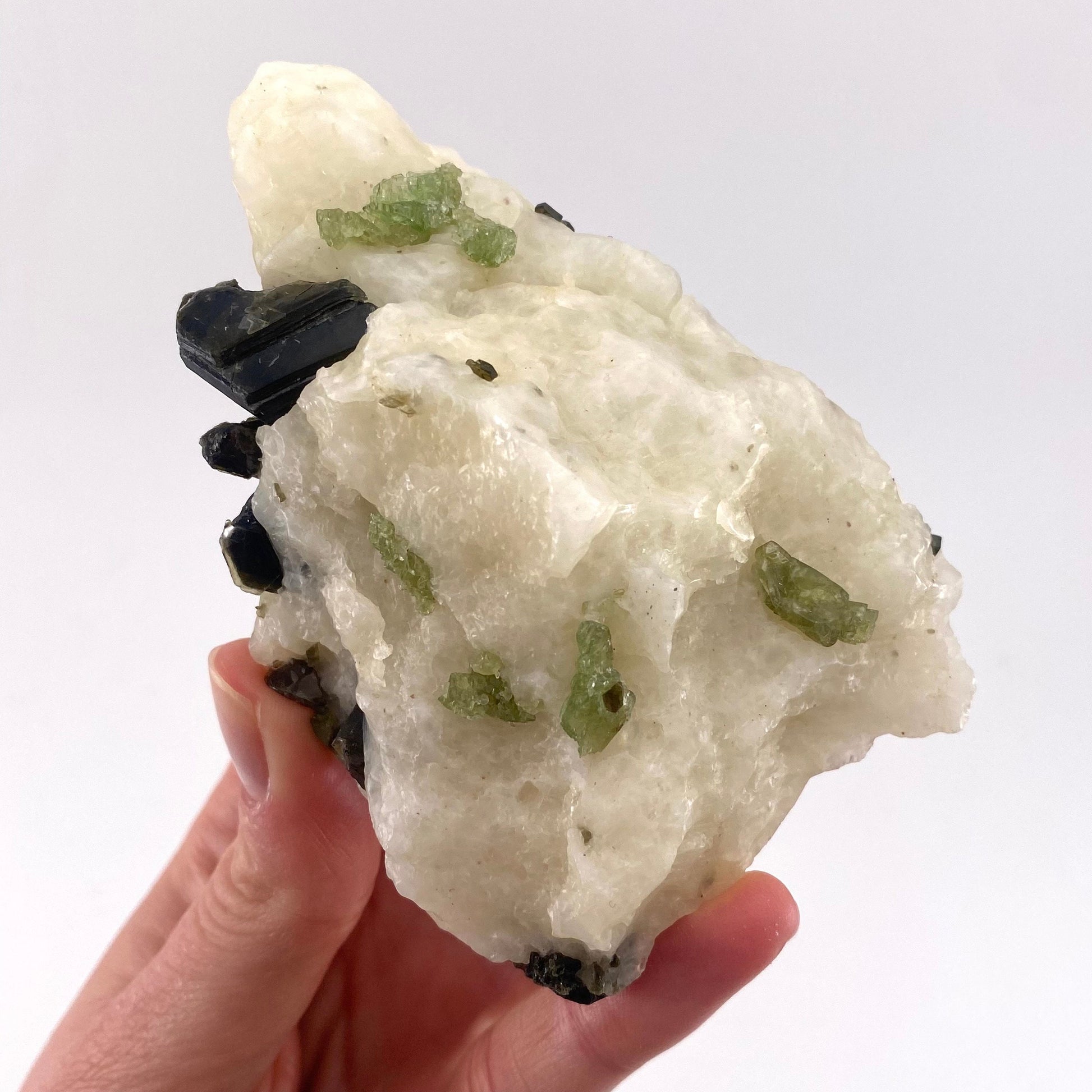 Diopside & Black Mica on Calcite (Afghanistan) | chrome diopside, diopside specimen, green diopside, diopside crystal, mineral specimen