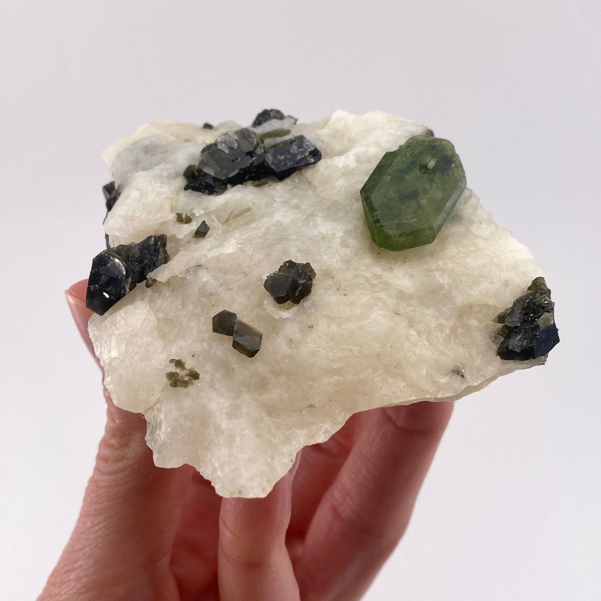 Diopside & Black Mica on Calcite (Afghanistan) | chrome diopside, diopside specimen, green diopside, diopside crystal, mineral specimen