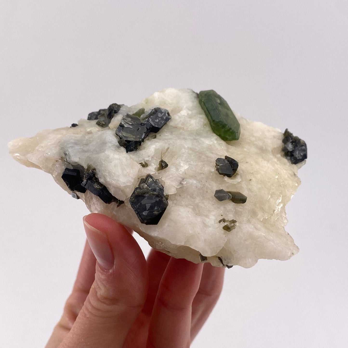 Diopside & Black Mica on Calcite (Afghanistan) | chrome diopside, diopside specimen, green diopside, diopside crystal, mineral specimen