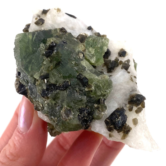 Diopside & Black Mica on Calcite (Afghanistan) | chrome diopside, diopside specimen, green diopside, diopside crystal, mineral specimen