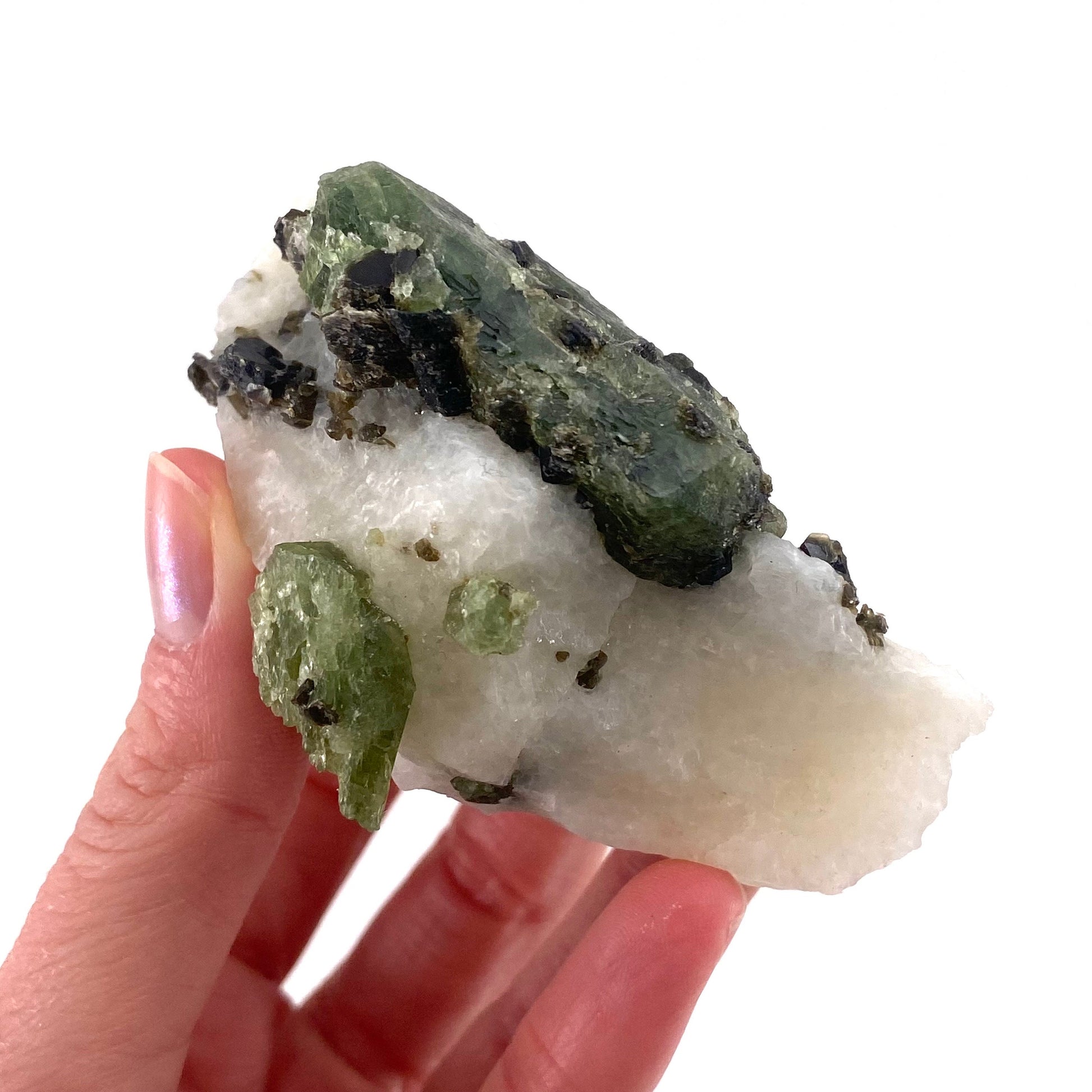 Diopside & Black Mica on Calcite (Afghanistan) | chrome diopside, diopside specimen, green diopside, diopside crystal, mineral specimen
