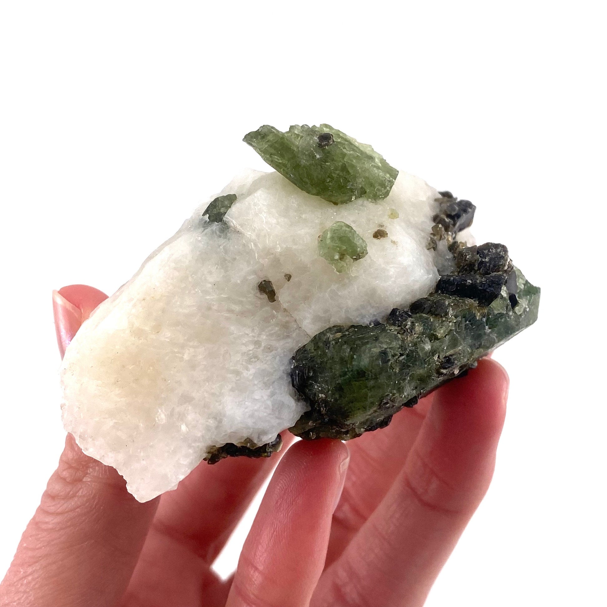 Diopside & Black Mica on Calcite (Afghanistan) | chrome diopside, diopside specimen, green diopside, diopside crystal, mineral specimen