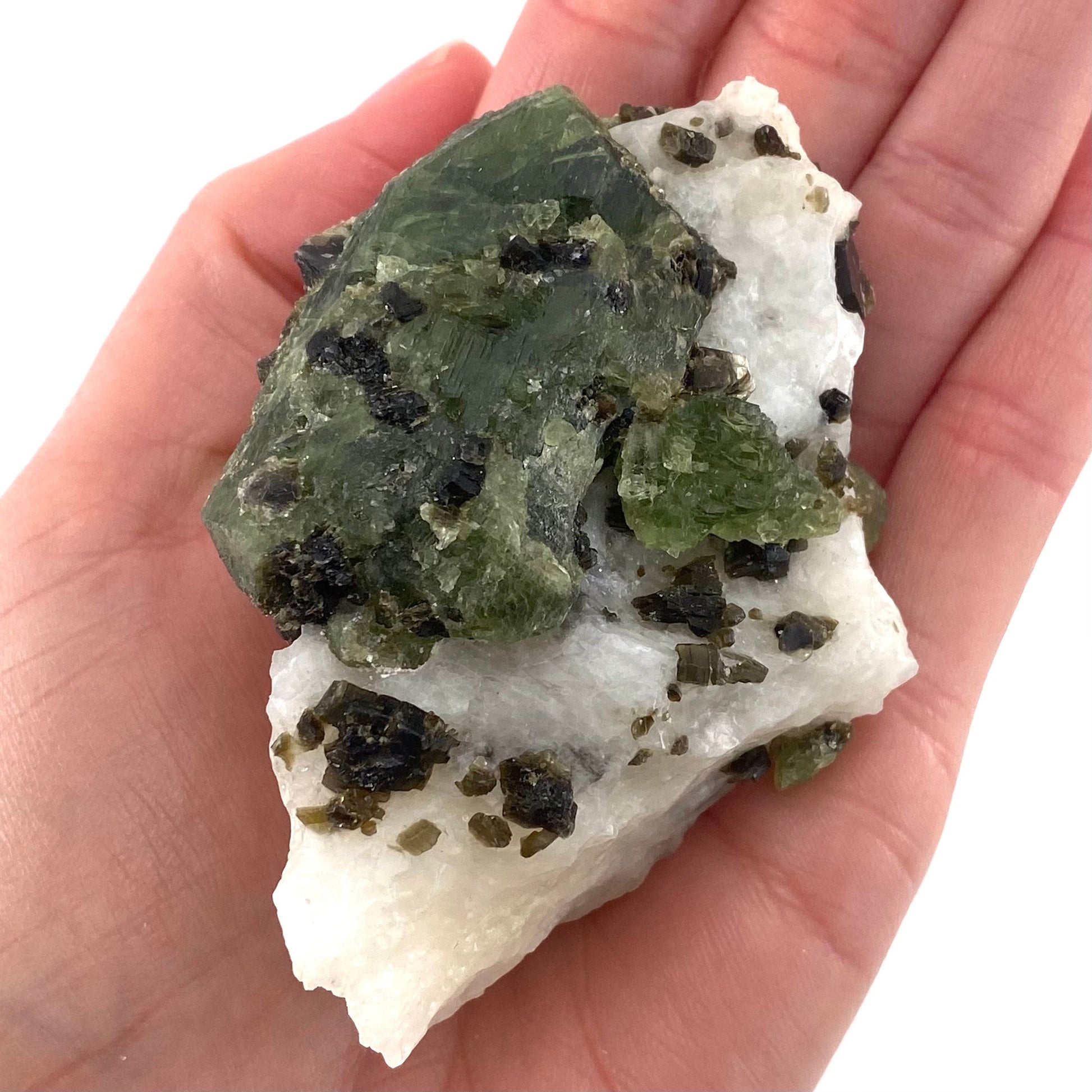 Diopside & Black Mica on Calcite (Afghanistan) | chrome diopside, diopside specimen, green diopside, diopside crystal, mineral specimen