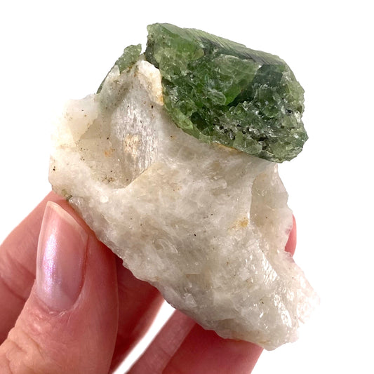 Diopside on Calcite (Afghanistan) | chrome diopside, diopside specimen, green diopside, diopside crystal, mineral specimen, crystal