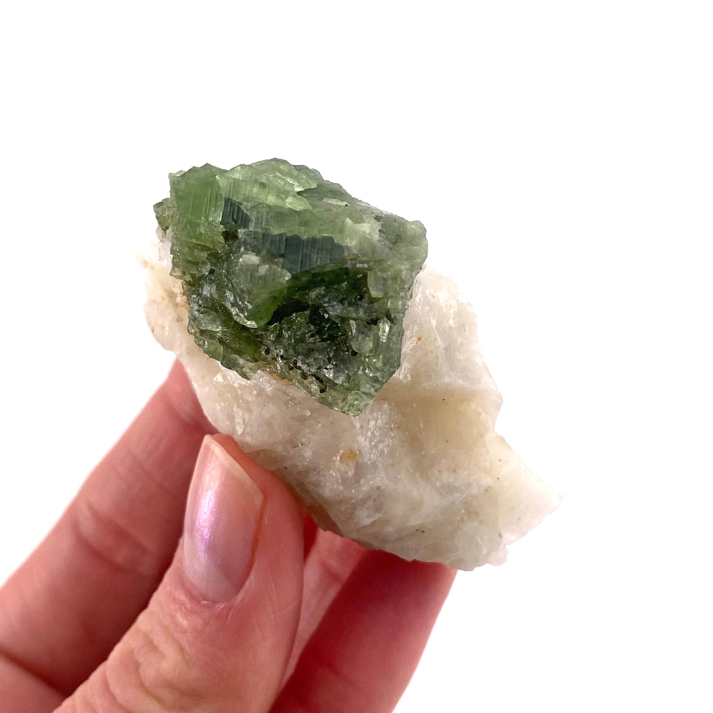 Diopside on Calcite (Afghanistan) | chrome diopside, diopside specimen, green diopside, diopside crystal, mineral specimen, crystal