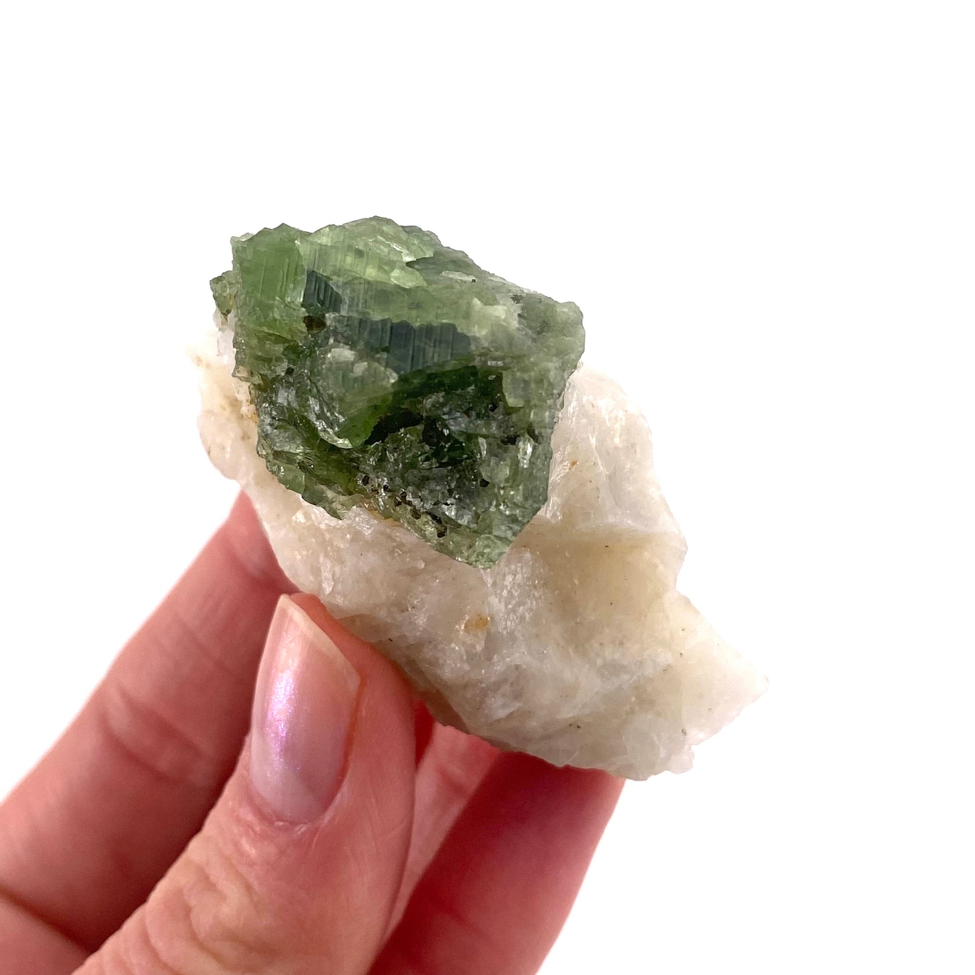 Diopside on Calcite (Afghanistan) | chrome diopside, diopside specimen, green diopside, diopside crystal, mineral specimen, crystal