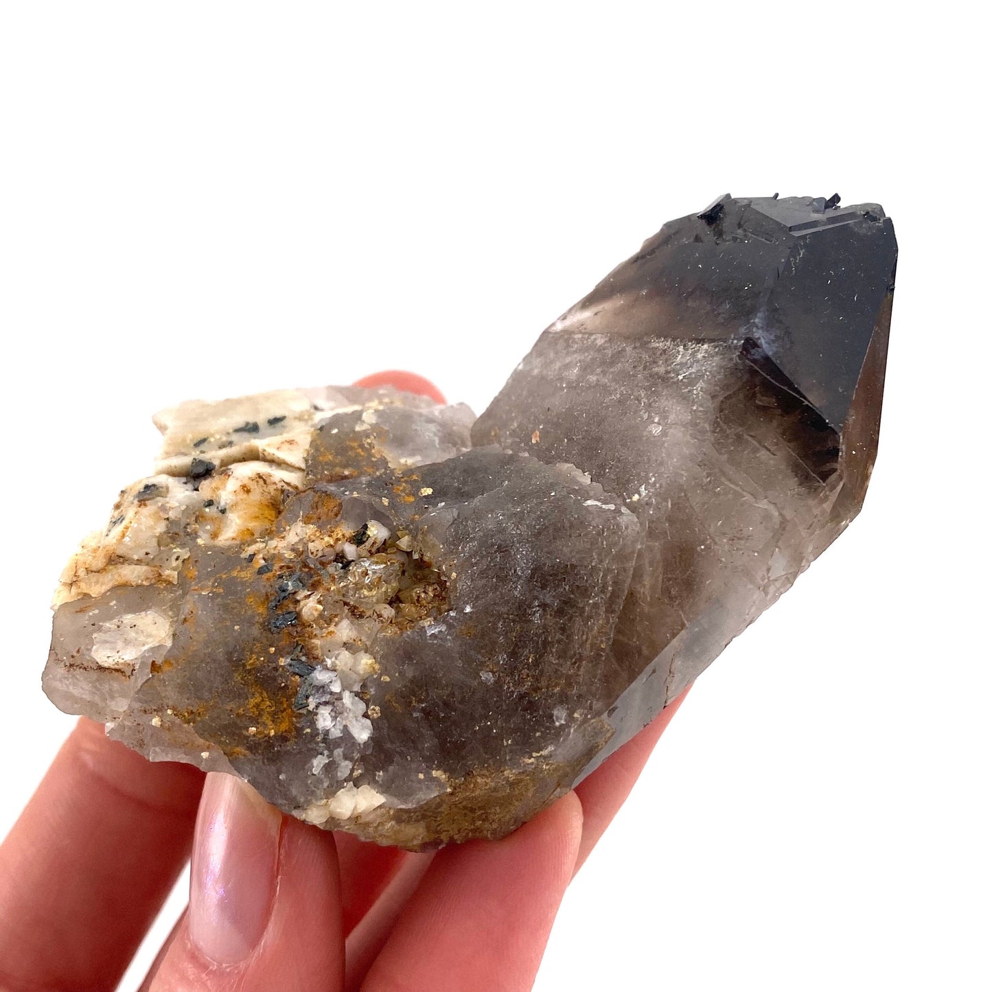 Smoky Quartz, Aegirine & Orthoclase (Malawi) | raw aegirine crystal, aegirine blade, smoky quartz crystal