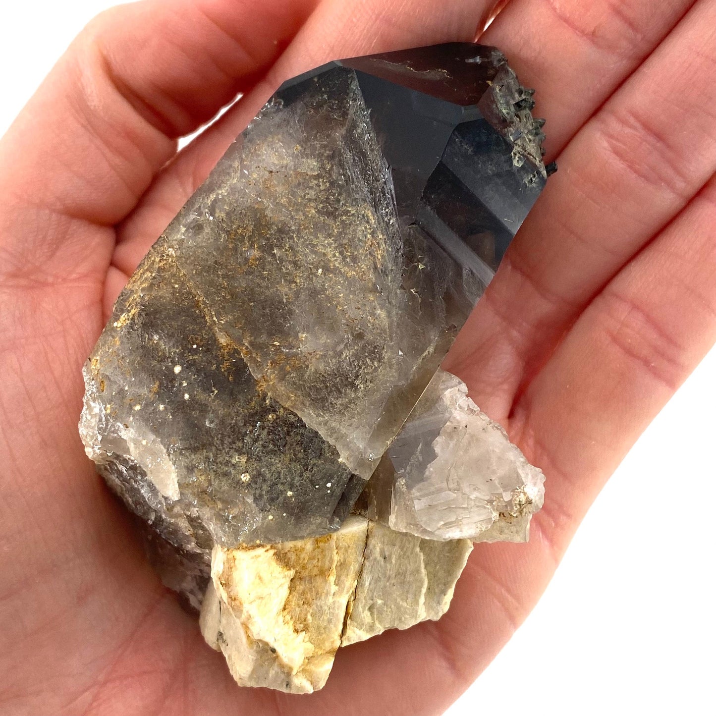 Smoky Quartz, Aegirine & Orthoclase (Malawi) | raw aegirine crystal, aegirine blade, smoky quartz crystal