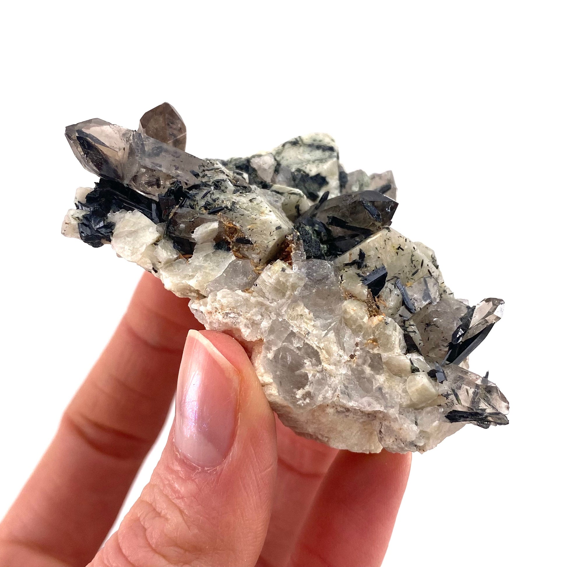 Smoky Quartz, Aegirine & Orthoclase (Malawi) | raw aegirine crystal, aegirine blade, smoky quartz crystal