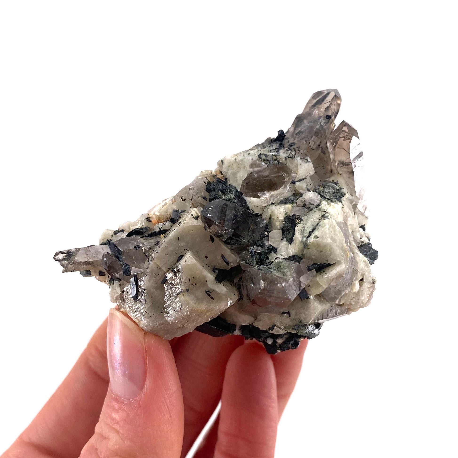 Smoky Quartz, Aegirine & Orthoclase (Malawi) | raw aegirine crystal, aegirine blade, smoky quartz crystal