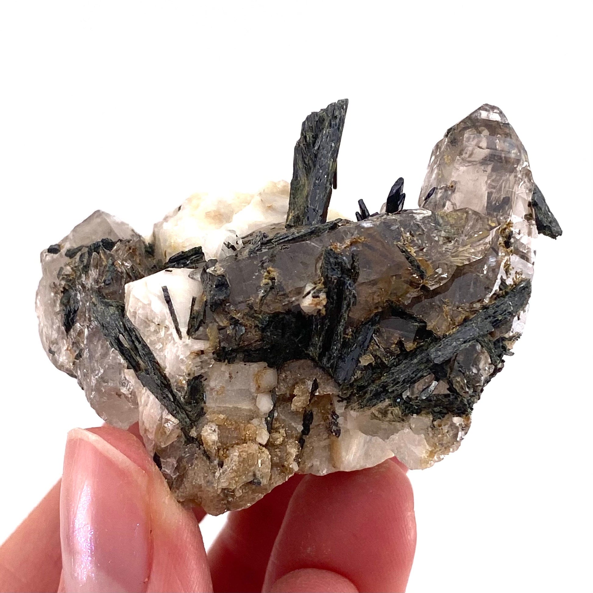 Aegirine with Smoky Quartz & Orthoclase (Malawi) | raw aegirine crystal, aegirine blade, smoky quartz crystal