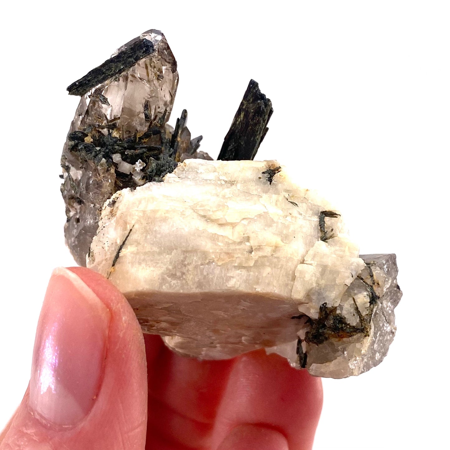 Aegirine with Smoky Quartz & Orthoclase (Malawi) | raw aegirine crystal, aegirine blade, smoky quartz crystal