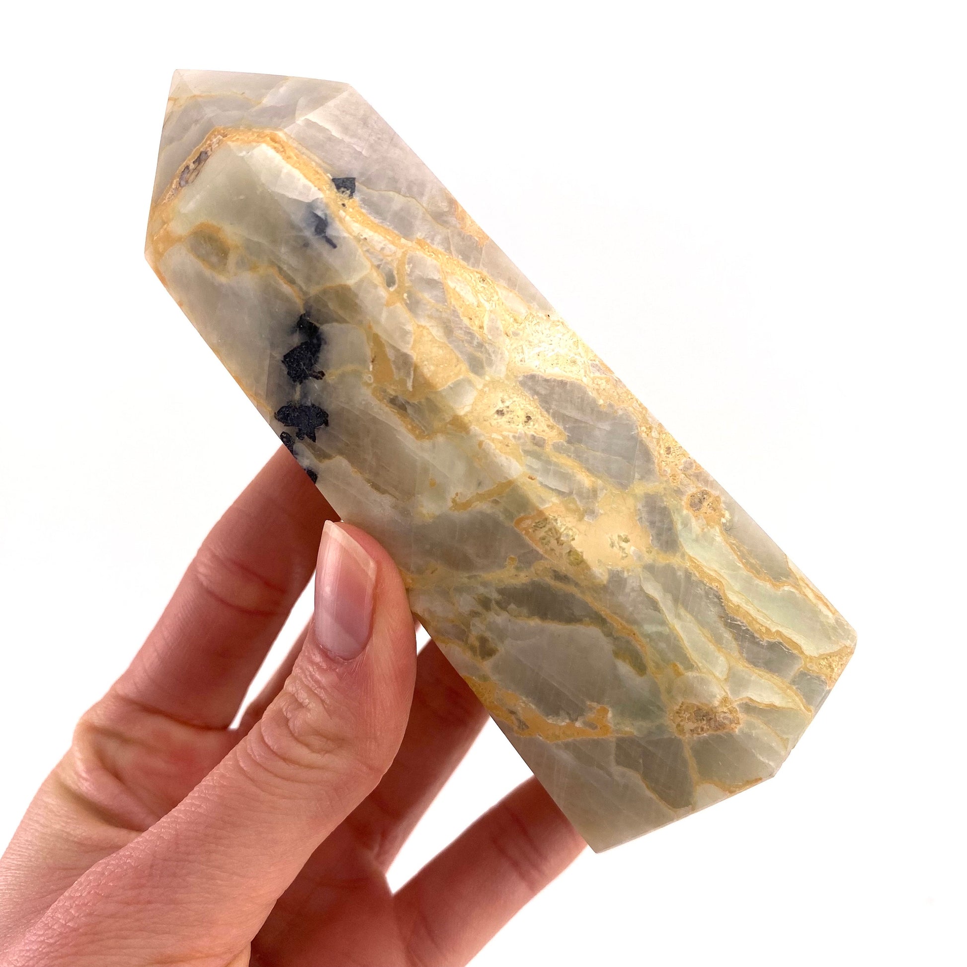 Garnierite Point, crystal point, garnierite tower, Garnierite Palm Stone, garnierite, polished garnierite