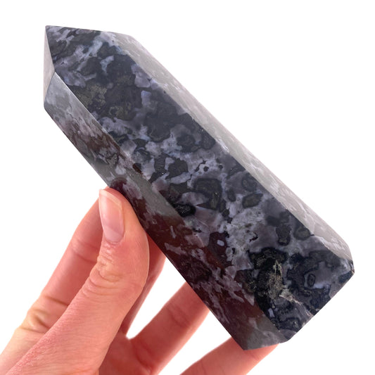 Indigo Gabbro Point, merlinite point, Gabbro Palm stone, Merlinite tower, Indigo Gabbro, crystal point