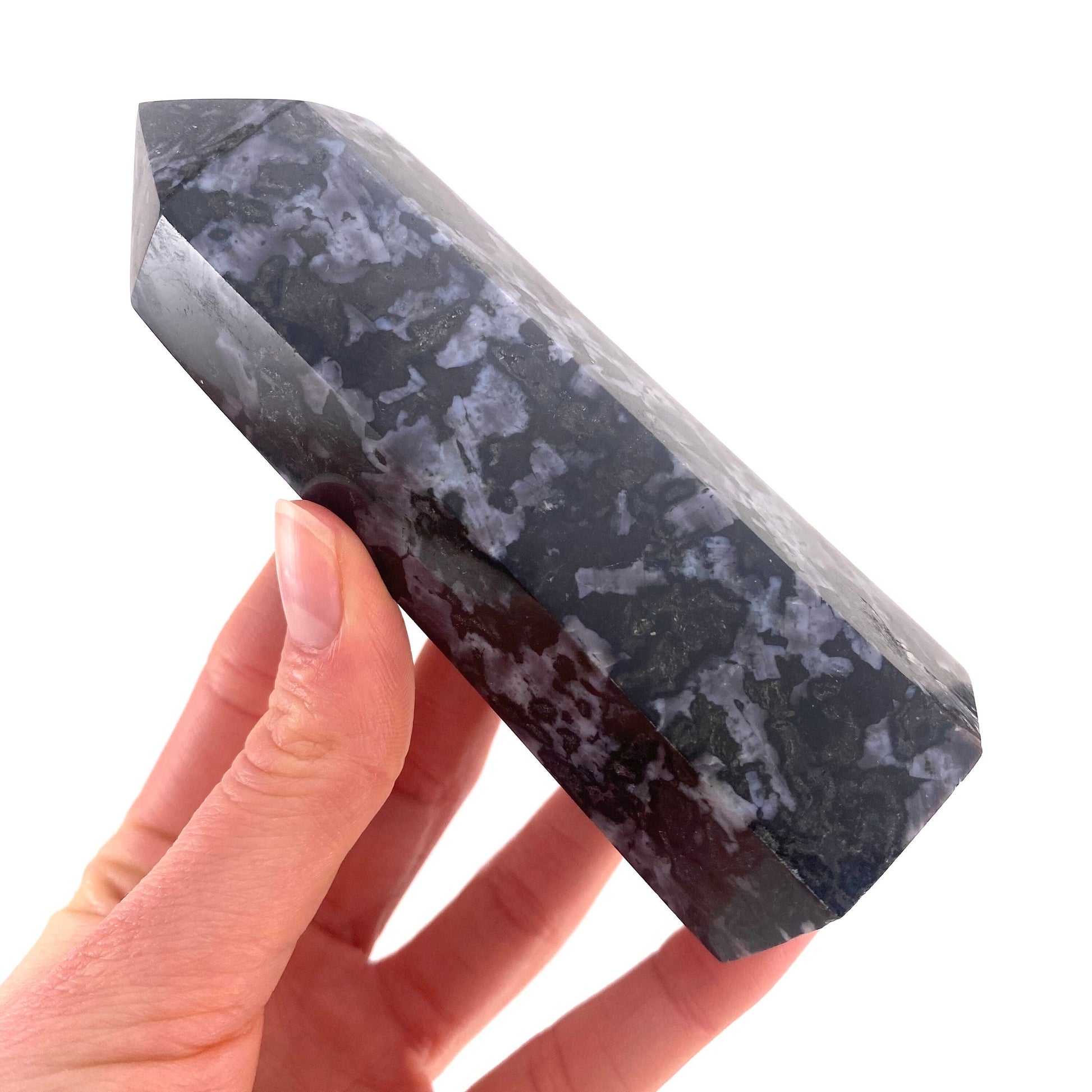Indigo Gabbro Point, merlinite point, Gabbro Palm stone, Merlinite tower, Indigo Gabbro, crystal point