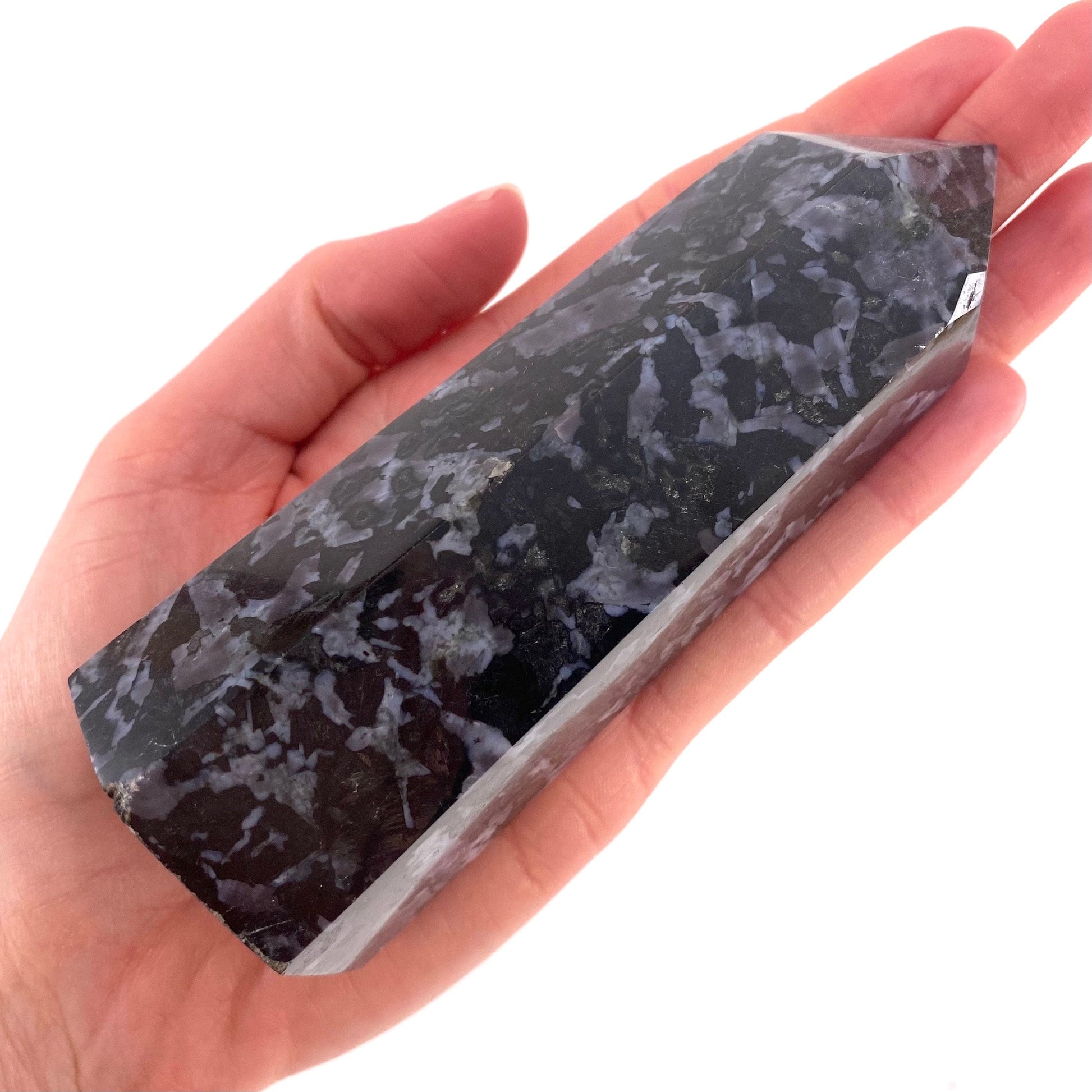 Indigo Gabbro Point, merlinite point, Gabbro Palm stone, Merlinite tower, Indigo Gabbro, crystal point