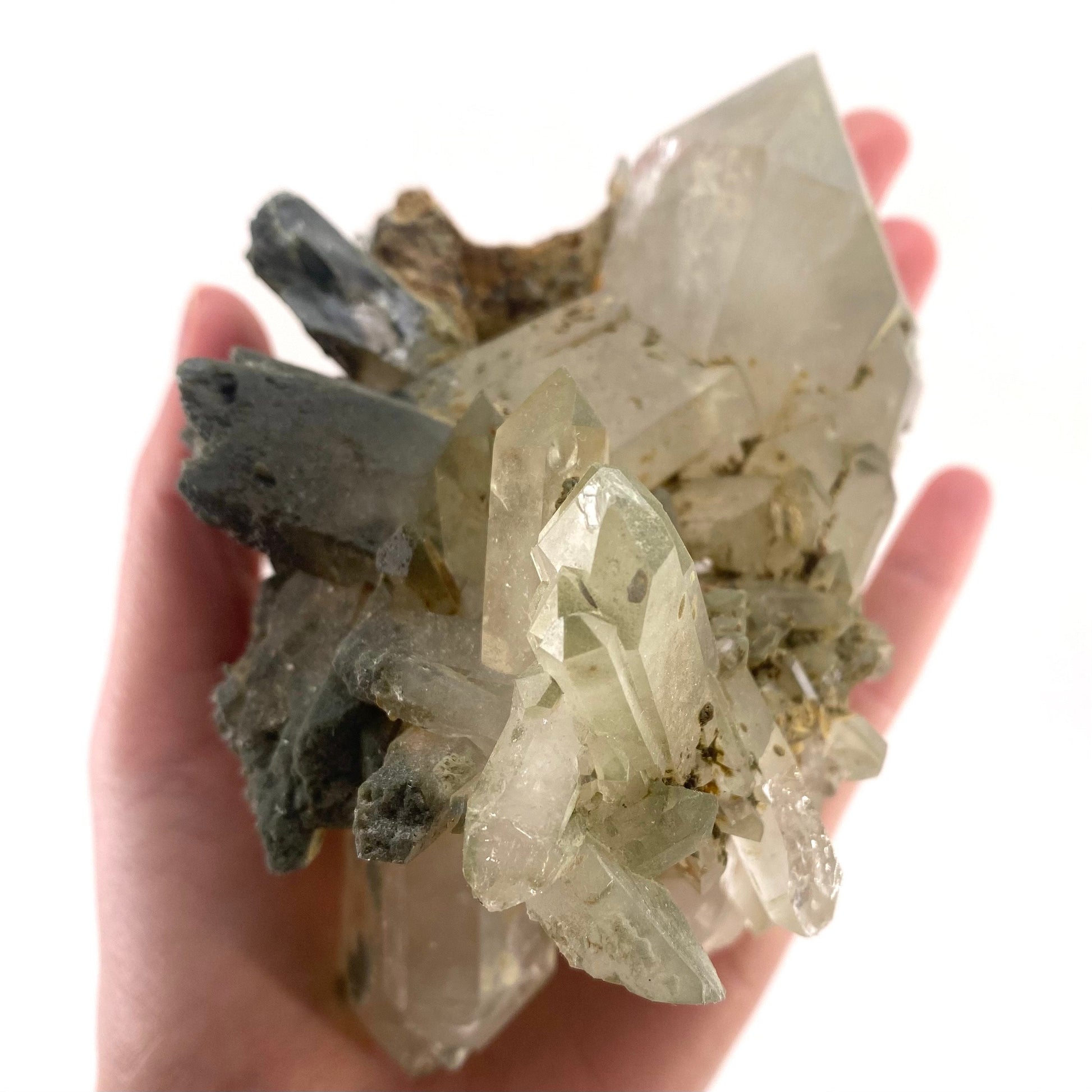 Green phantom quartz cluster (Pakistan) | green phantom quartz, chlorite quartz, green chlorite quartz