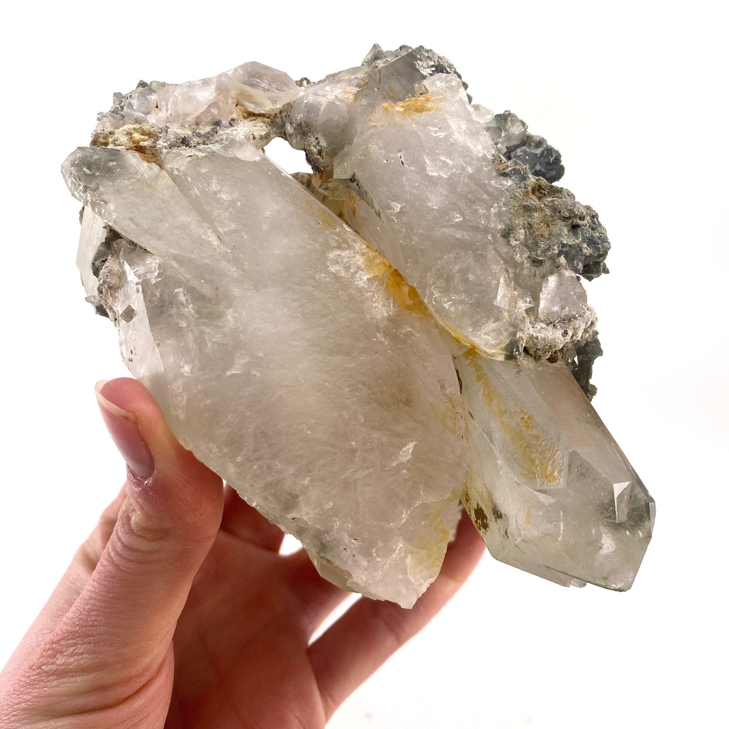Green phantom quartz cluster (Pakistan) | green phantom quartz, chlorite quartz, green chlorite quartz
