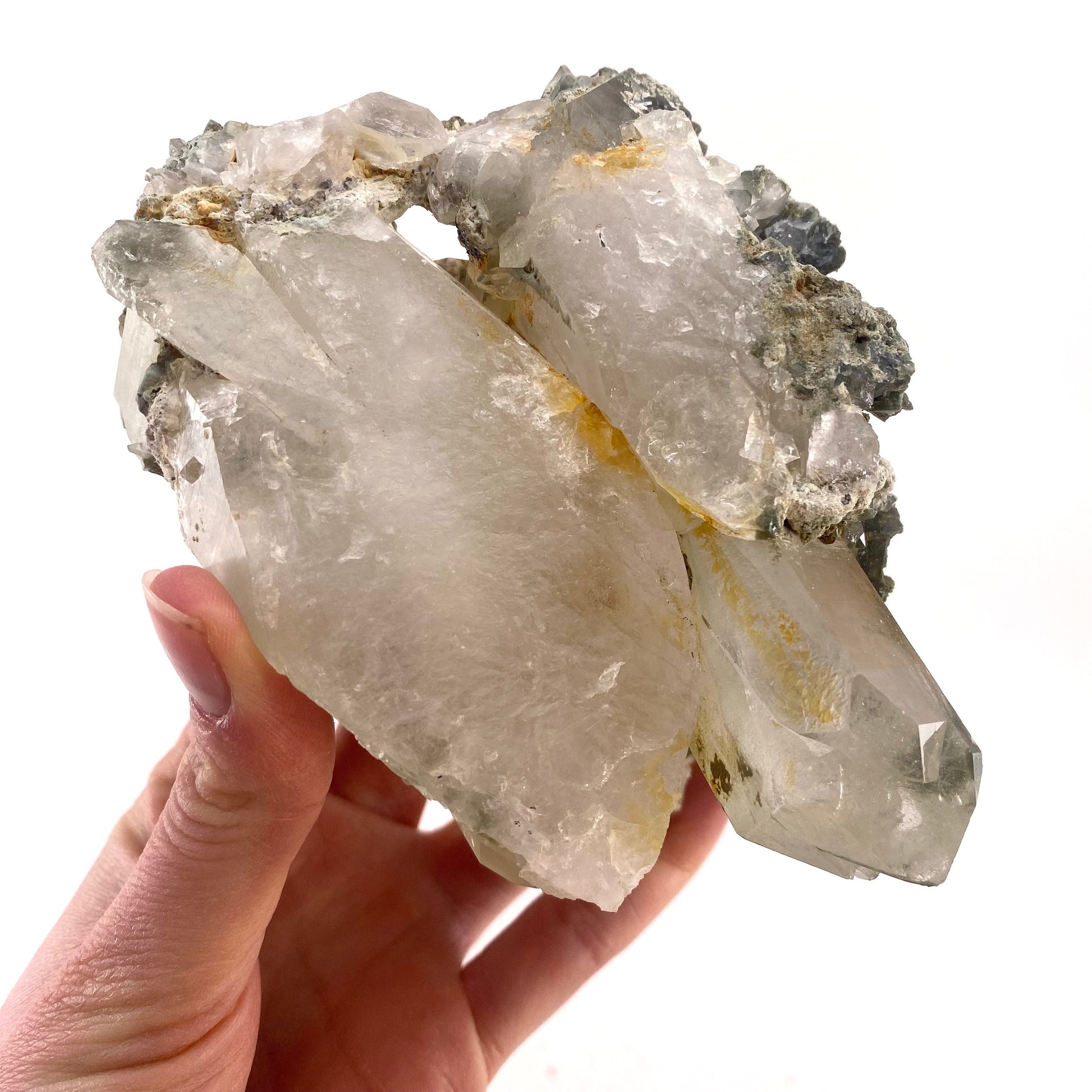Green phantom quartz cluster (Pakistan) | green phantom quartz, chlorite quartz, green chlorite quartz