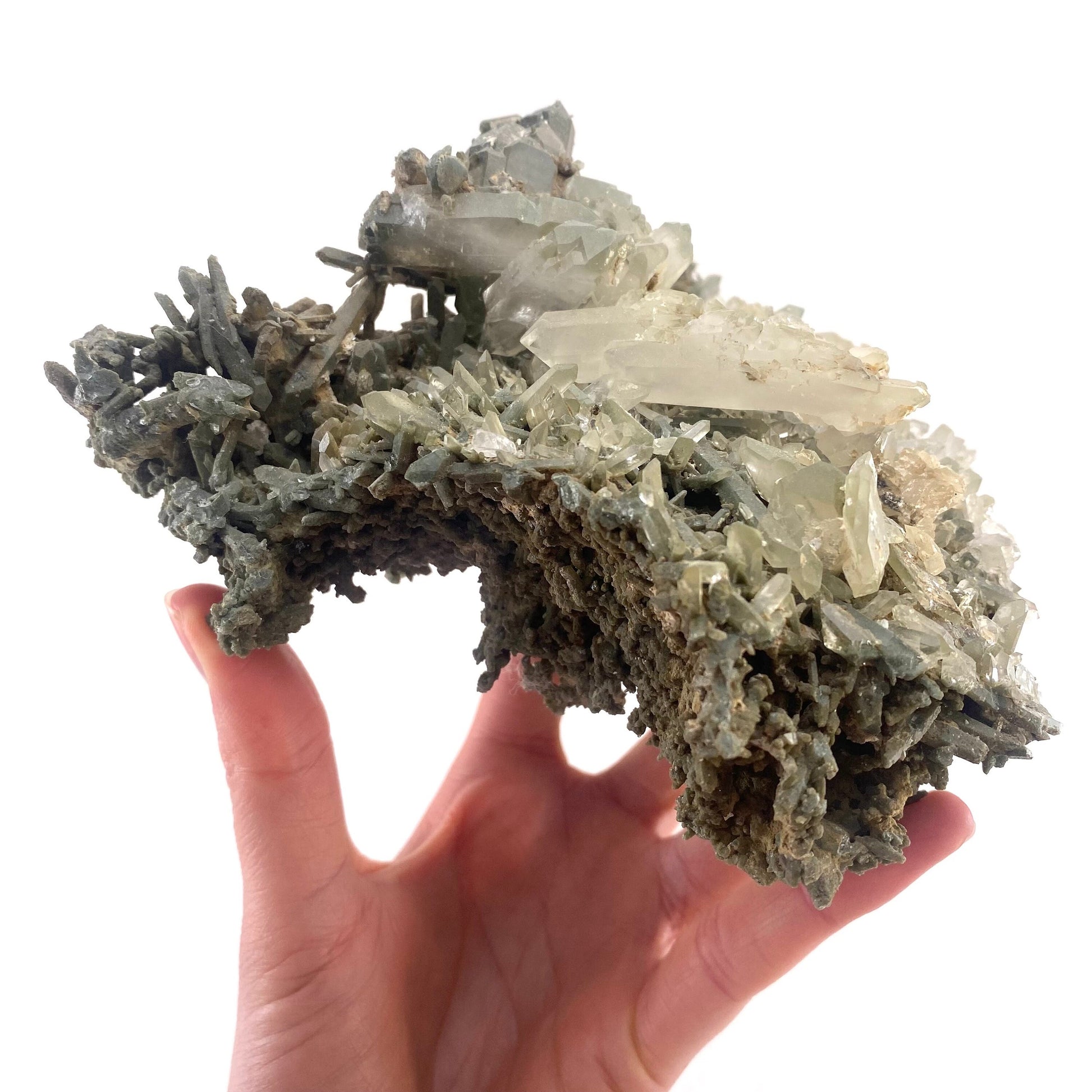 Green phantom quartz cluster (Pakistan) | green phantom quartz, chlorite quartz, green chlorite quartz