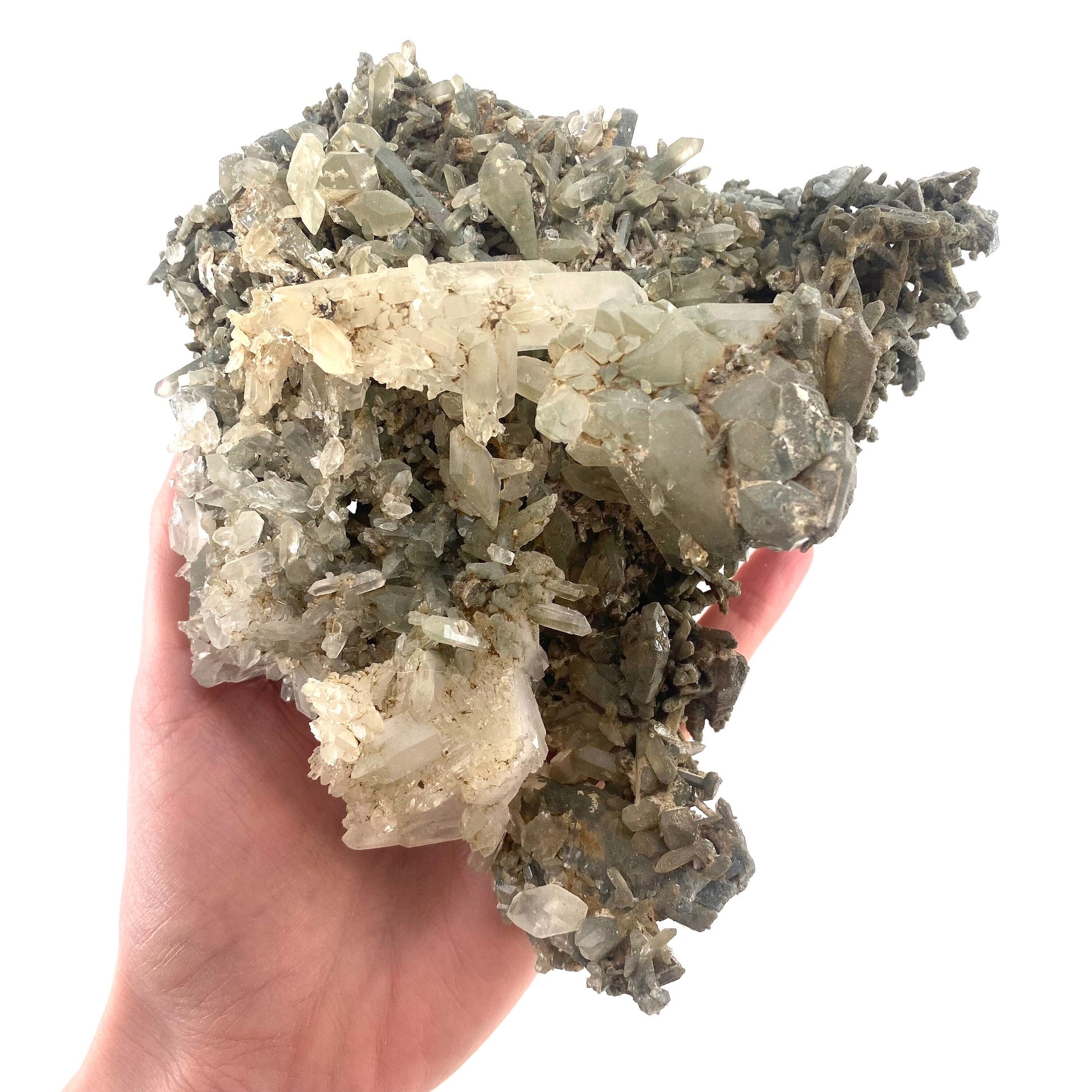 Green phantom quartz cluster (Pakistan) | green phantom quartz, chlorite quartz, green chlorite quartz