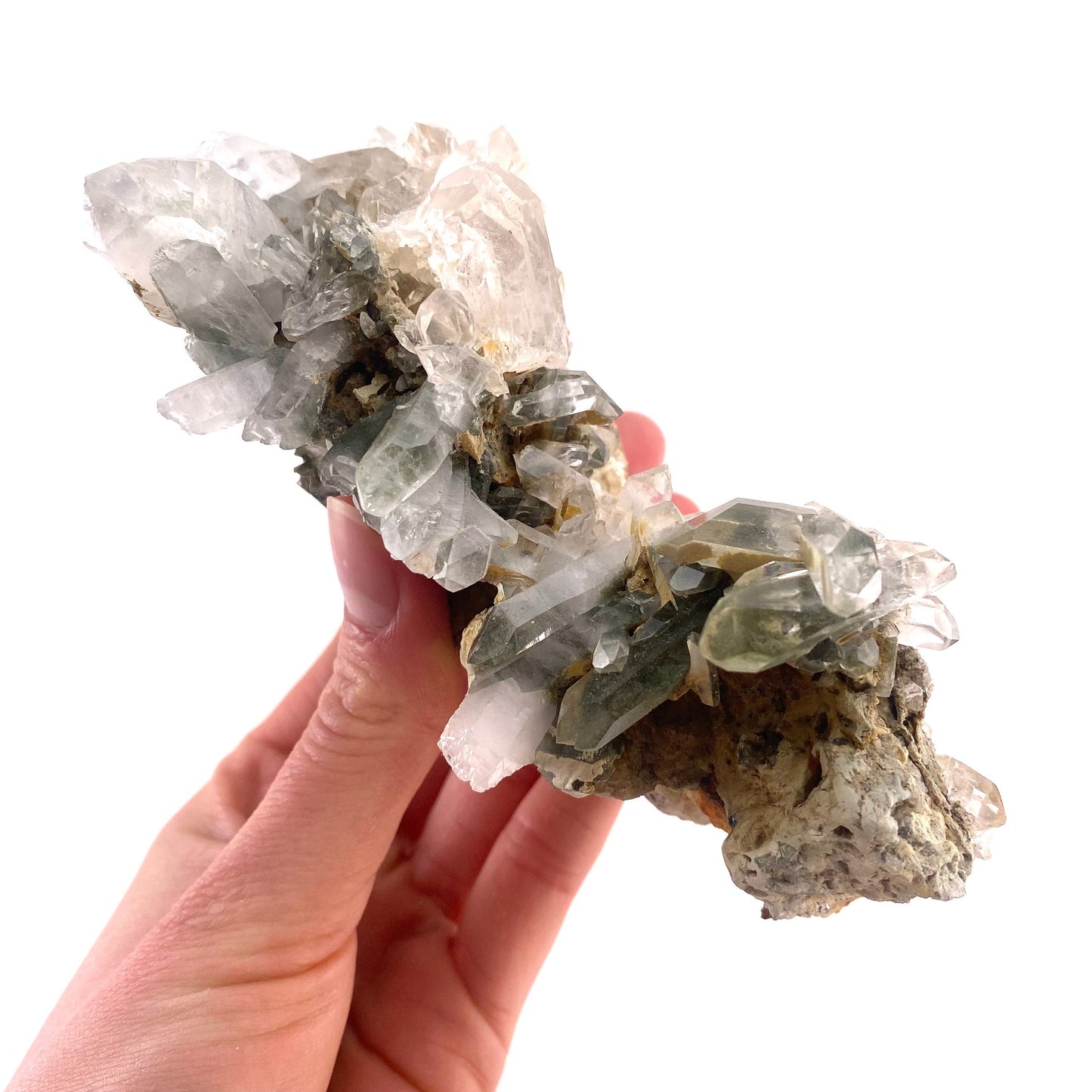 Green phantom quartz cluster (Pakistan) | green phantom quartz, chlorite quartz, green chlorite quartz