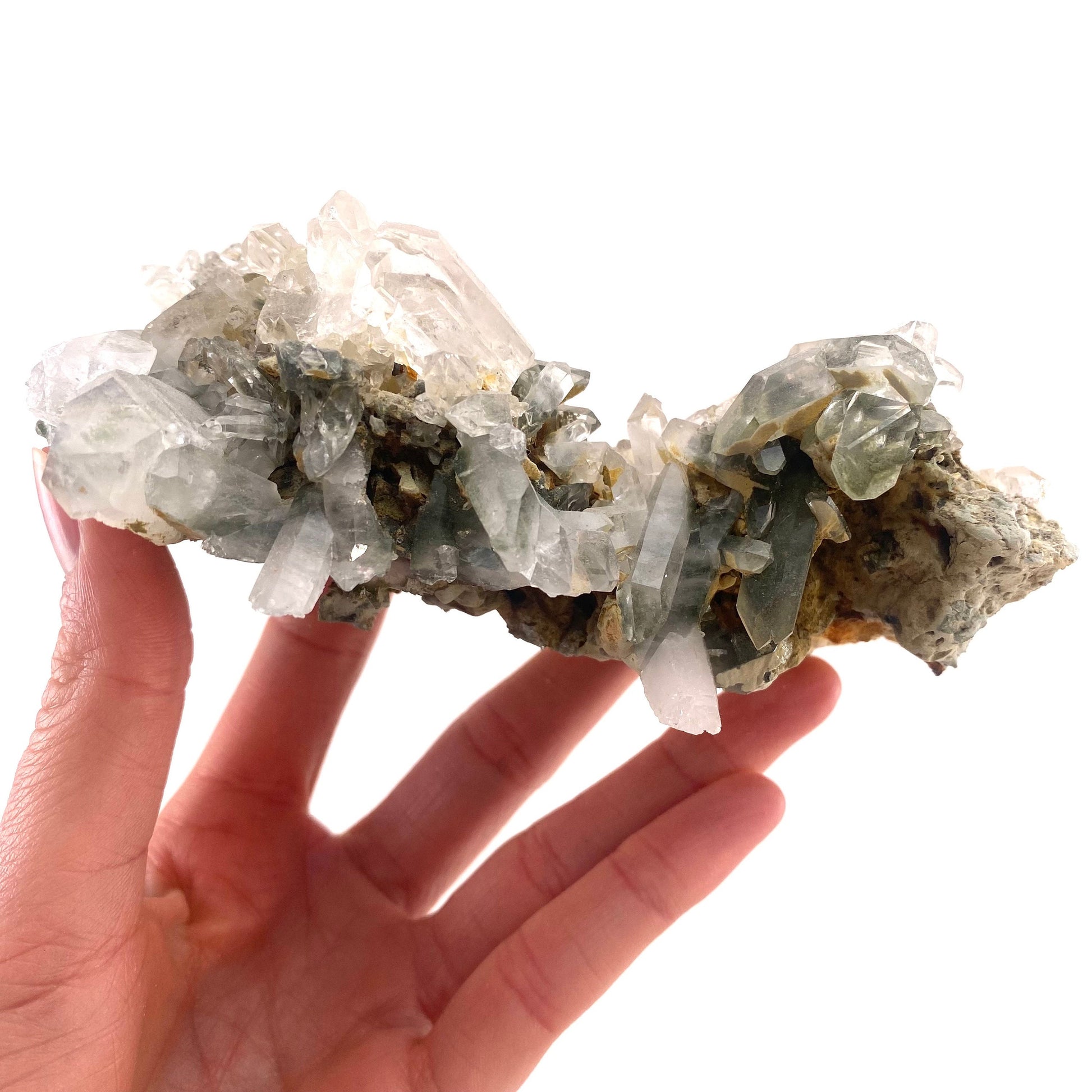 Green phantom quartz cluster (Pakistan) | green phantom quartz, chlorite quartz, green chlorite quartz