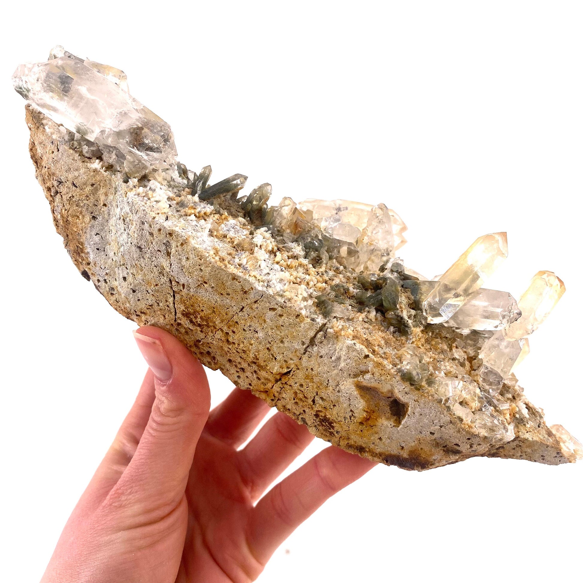 Green phantom quartz cluster (Pakistan) | green phantom quartz, chlorite quartz, green chlorite quartz