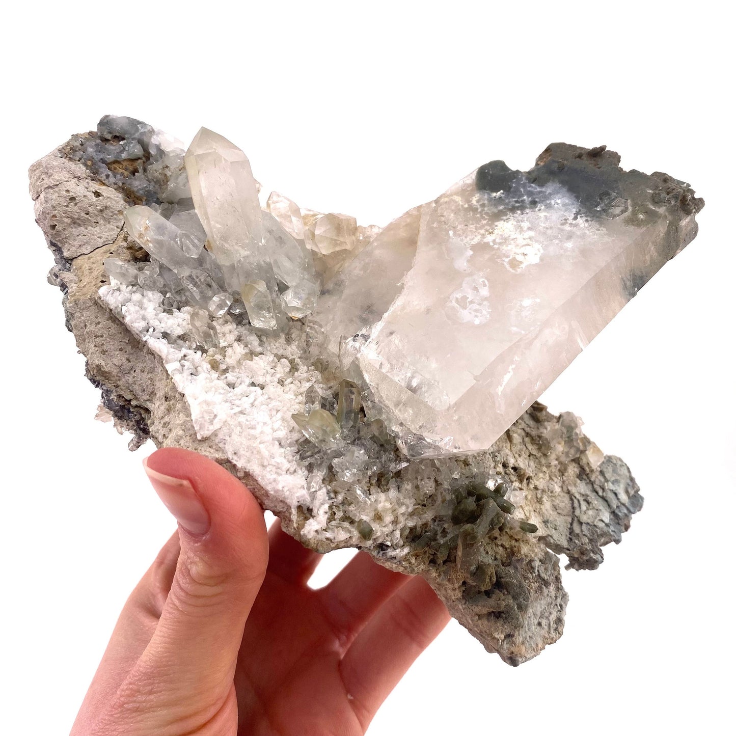 Green phantom quartz cluster (Pakistan) | green phantom quartz, chlorite quartz, green chlorite quartz